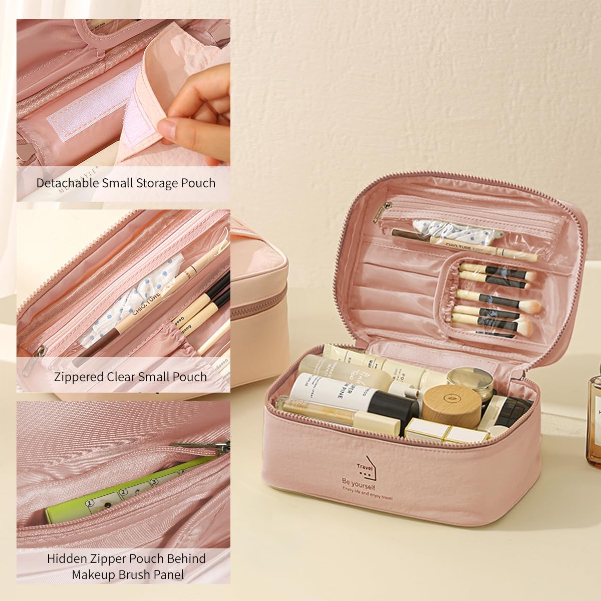 Bolsa maquillaje viaje con doble cremallera rosa ligera