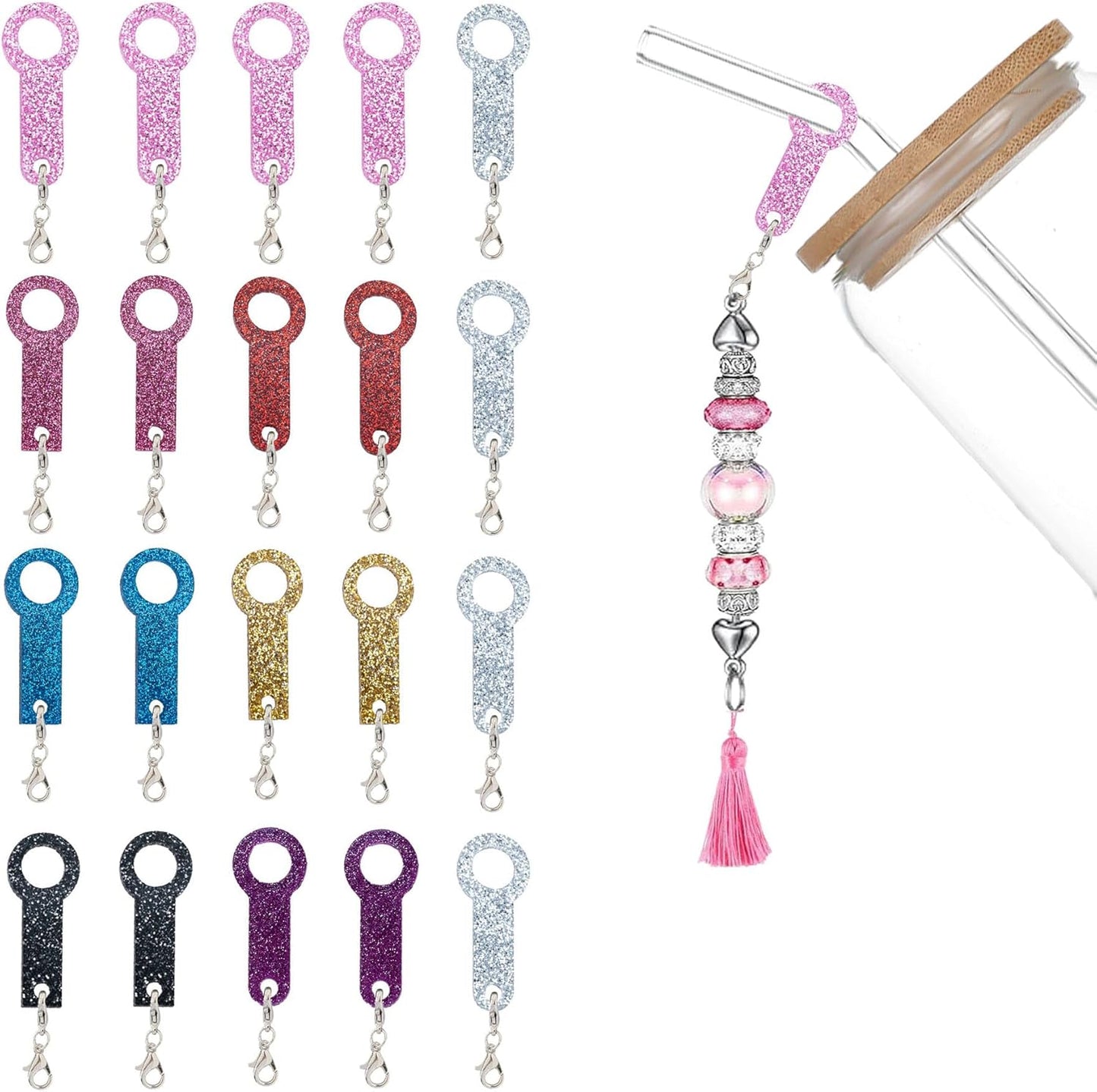 Adaptadores de abalorios de pajita con clips de silicona y colgantes brillantes