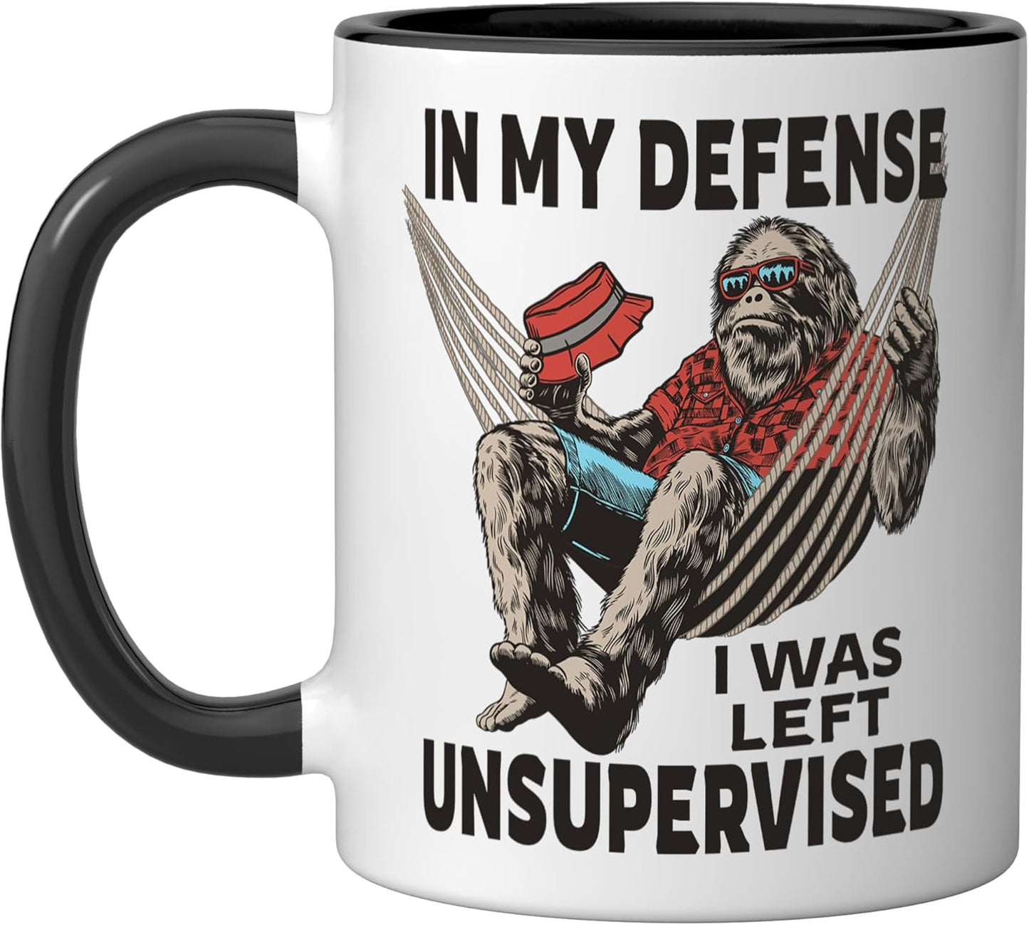 Taza cerámica divertida In My Defense I Was Left Unsupervised negra/blanca