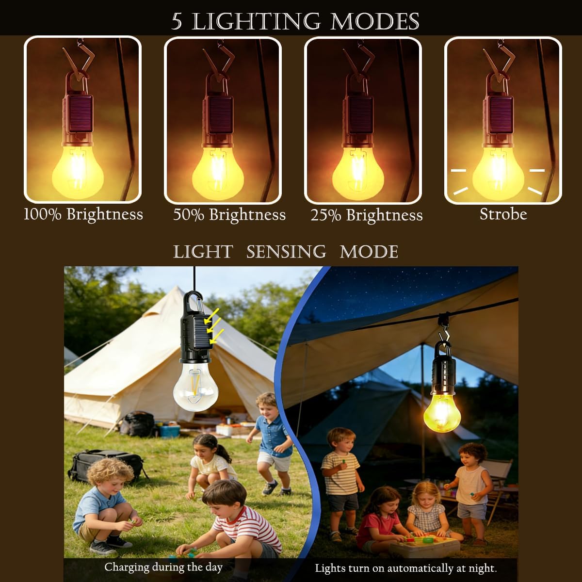 Linterna solar LED portátil para campamento con sensor