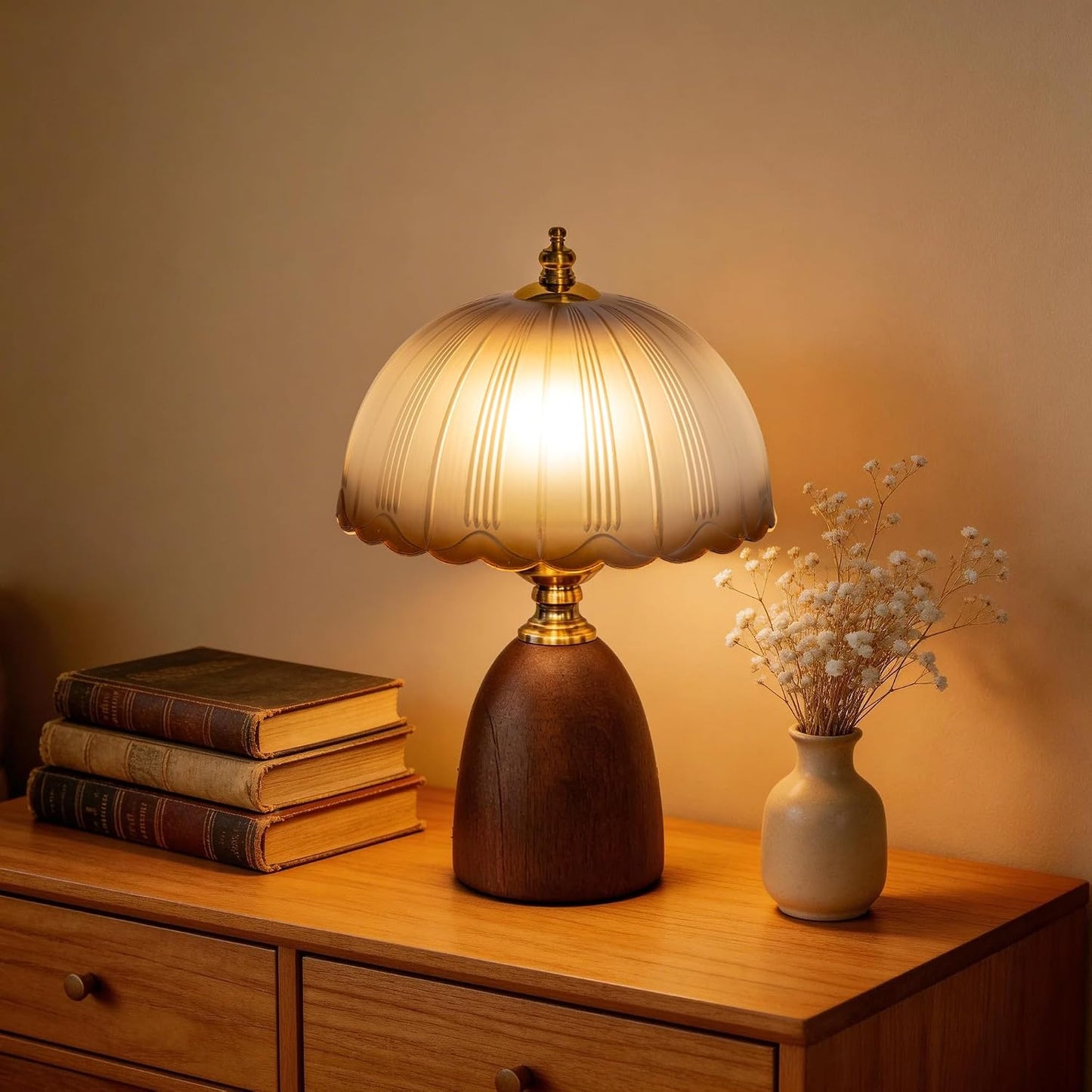 Lámpara mesa moderna hongos vidrio ámbar base nogal LED