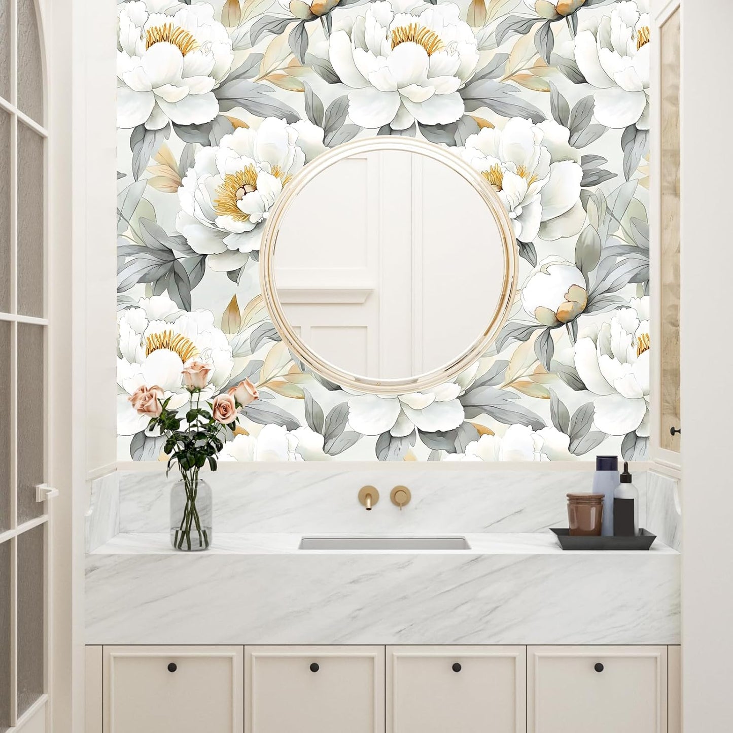 Papel tapiz removible floral blanco para pared y gabinete