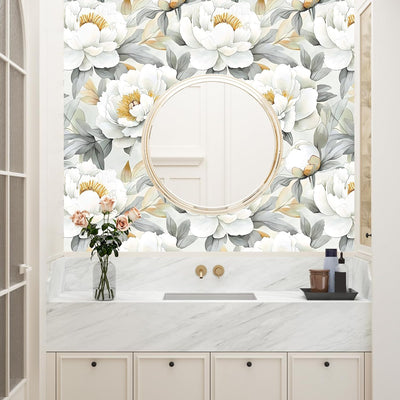 Papel tapiz removible floral blanco para pared y gabinete