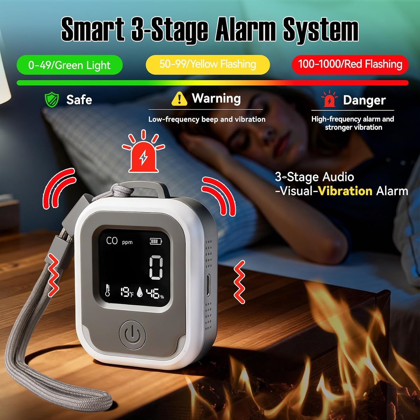 Detector CO portátil 3en1 con temp/humedad alerta vibra
