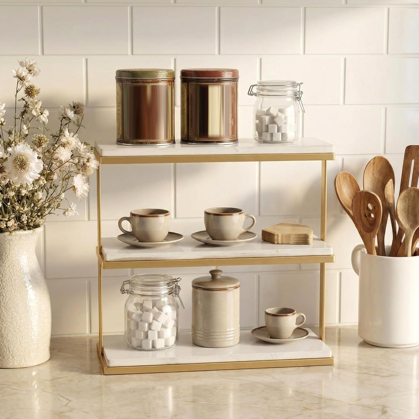 Tablero charcutería mármol 3 niveles soporte blanco dorado
