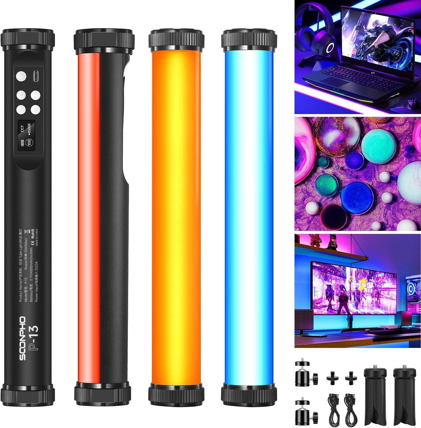 Pack 3 varitas LED RGB con batería 4000mAh