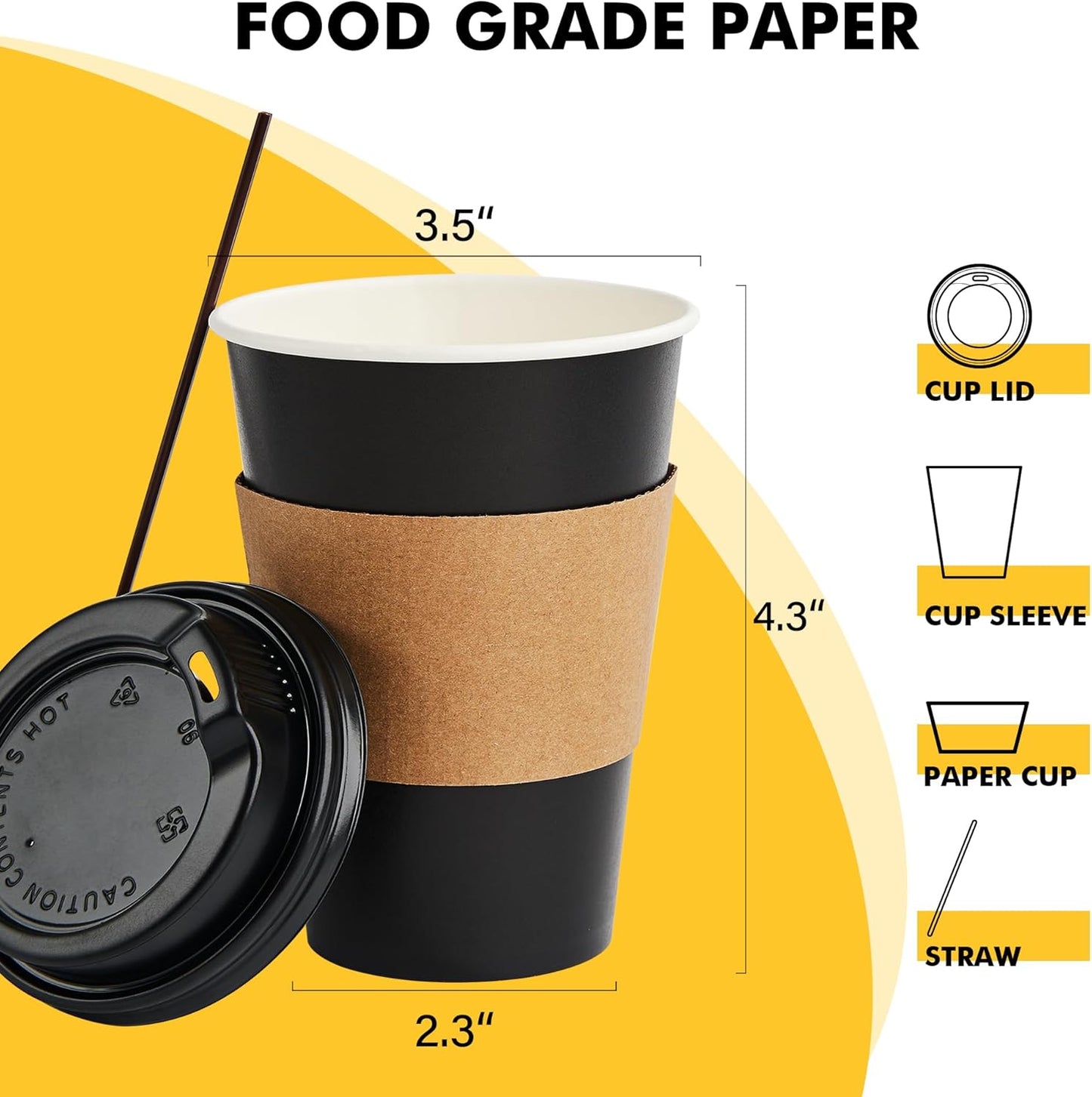 Paquete de 100 tazas de café 12 oz con tapas y mangas blancas y negras
