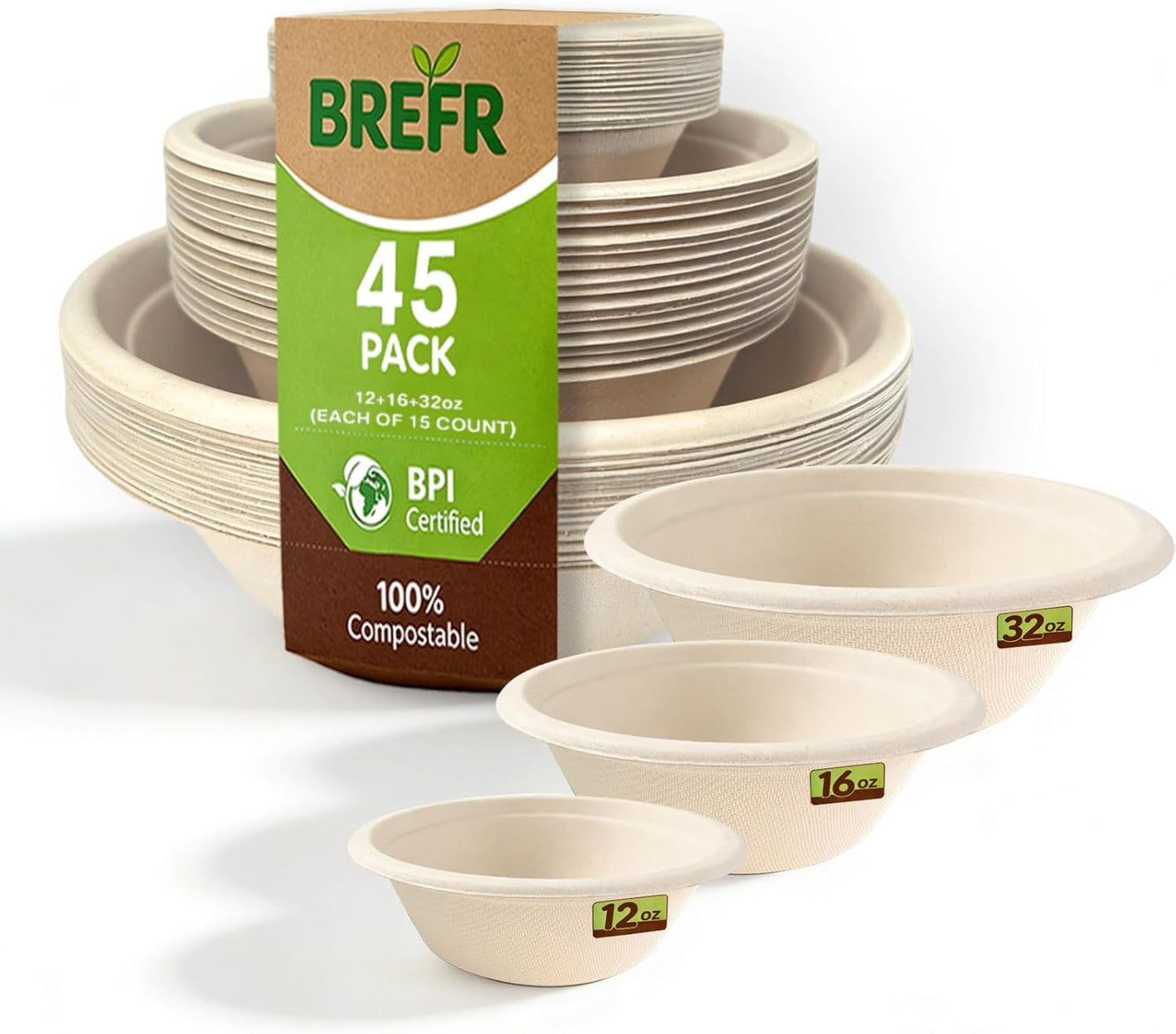 Set 90 platos y tazas biodegradables de caña azúcar 12-32oz