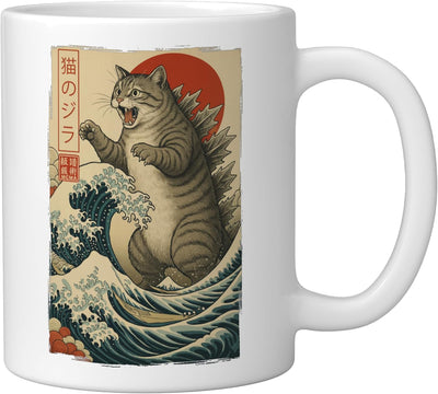 Taza Cerámica Arte Kaiju Ola Japonesa Grande Blanco