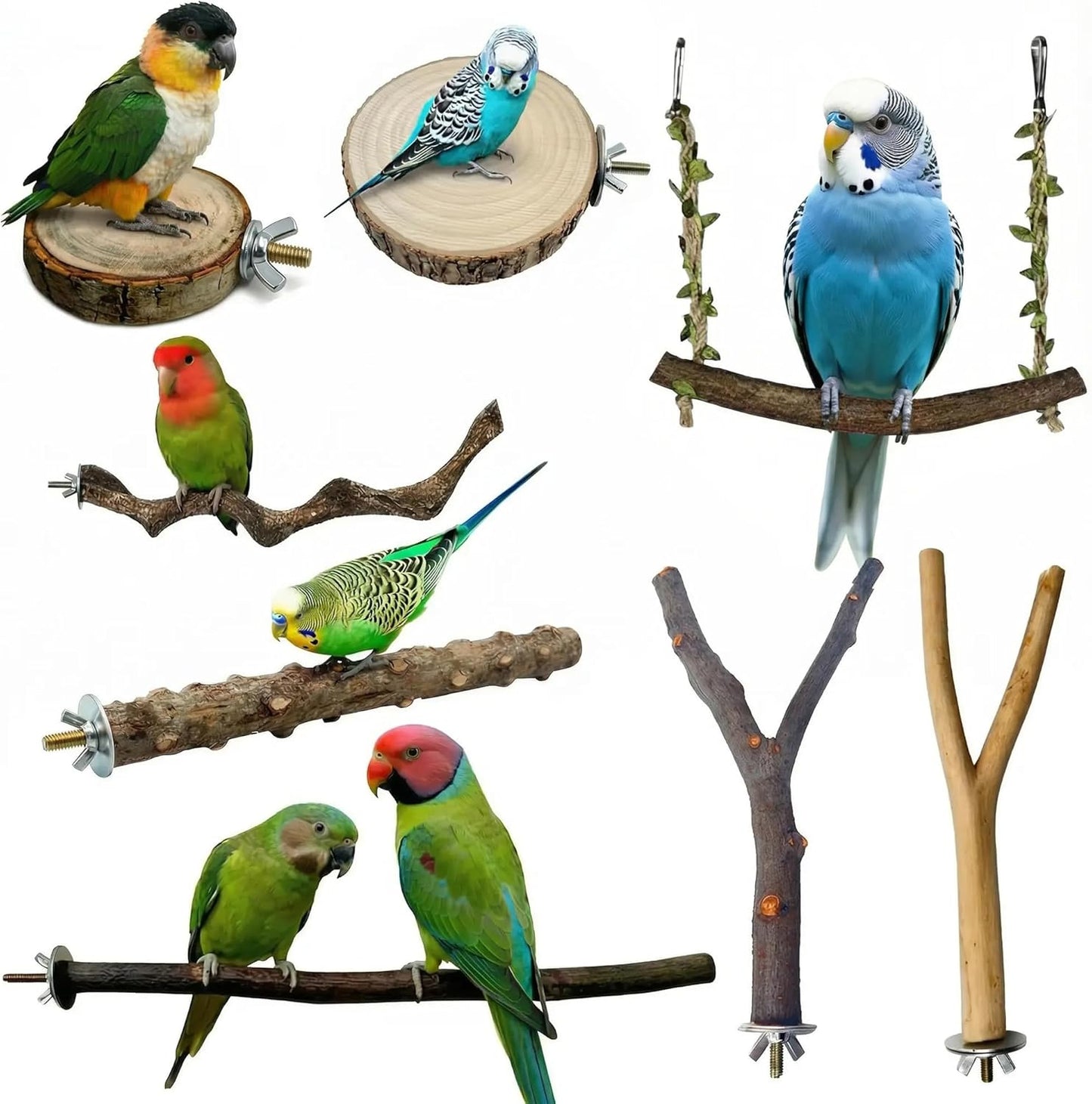 8 Perchas Madera Natural para Jaulas de Pájaros
