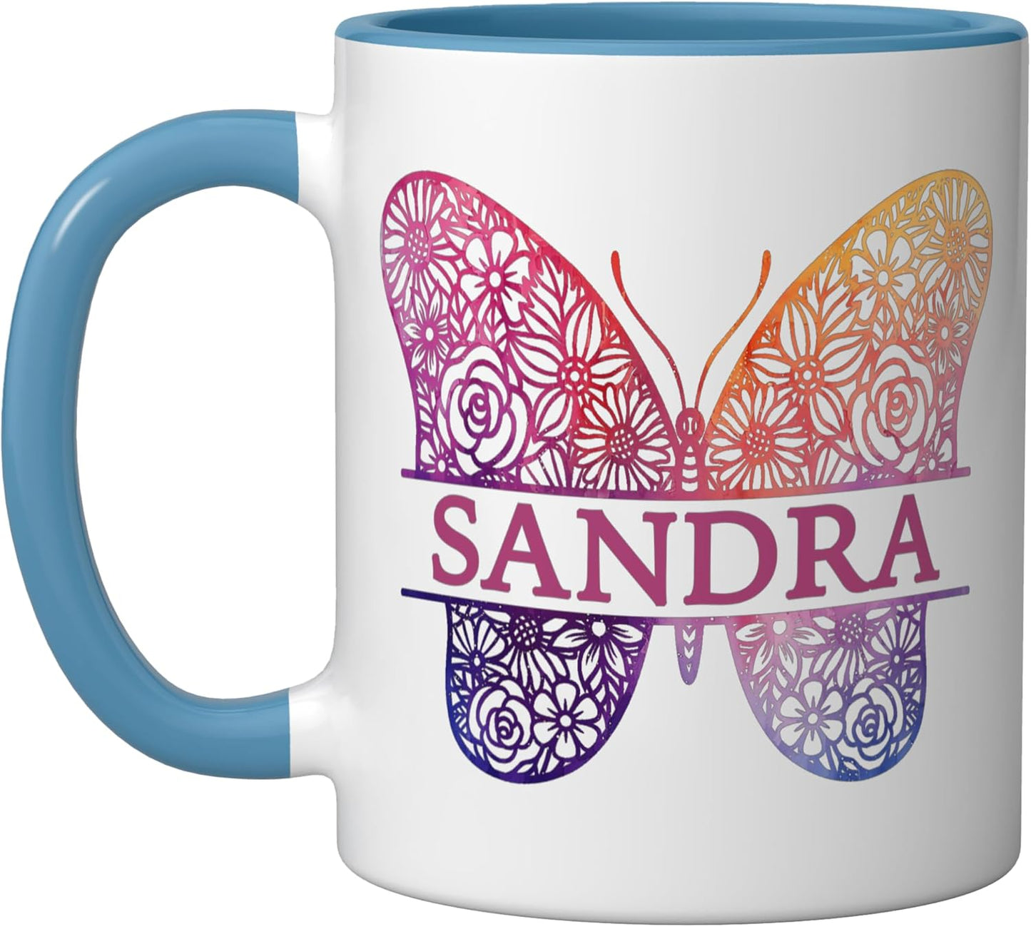 Taza de viaje de mariposa con nombre personalizado Sandra cerámica azul blanco