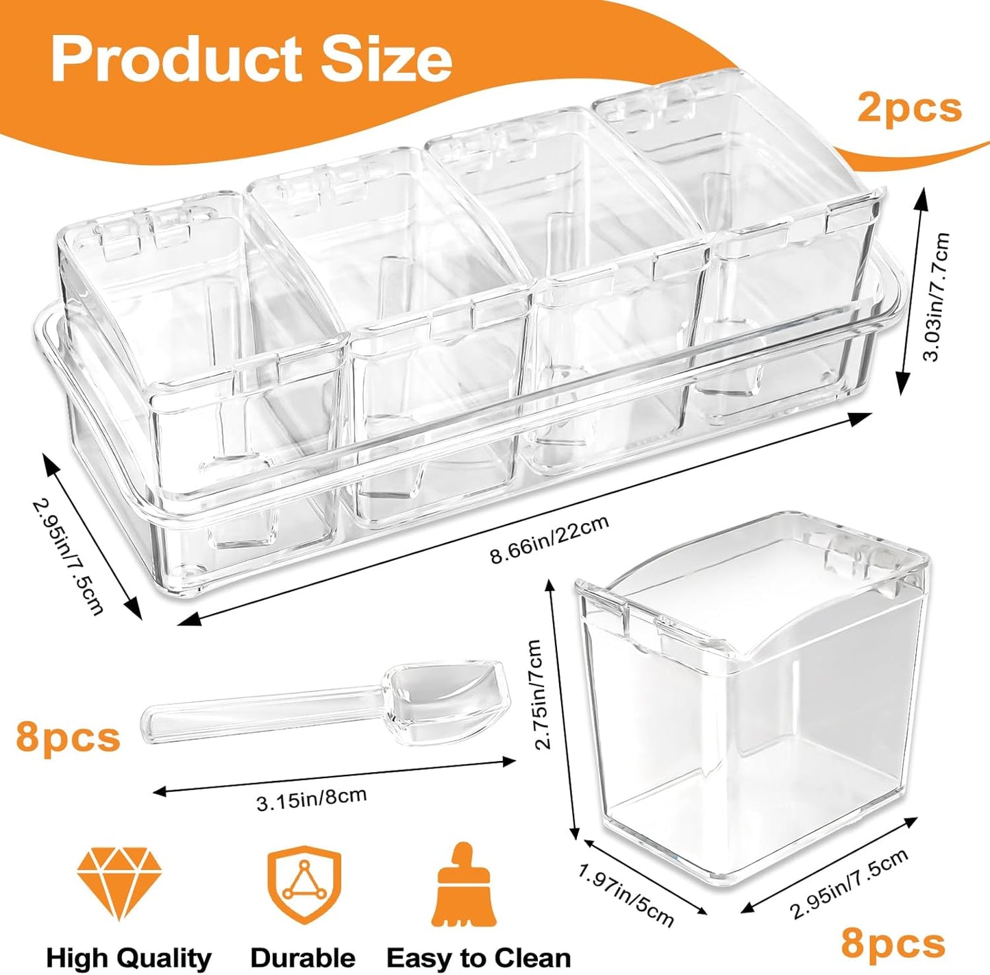 Juego de 2 cajas de condimentos transparentes con tapas y cuchara
