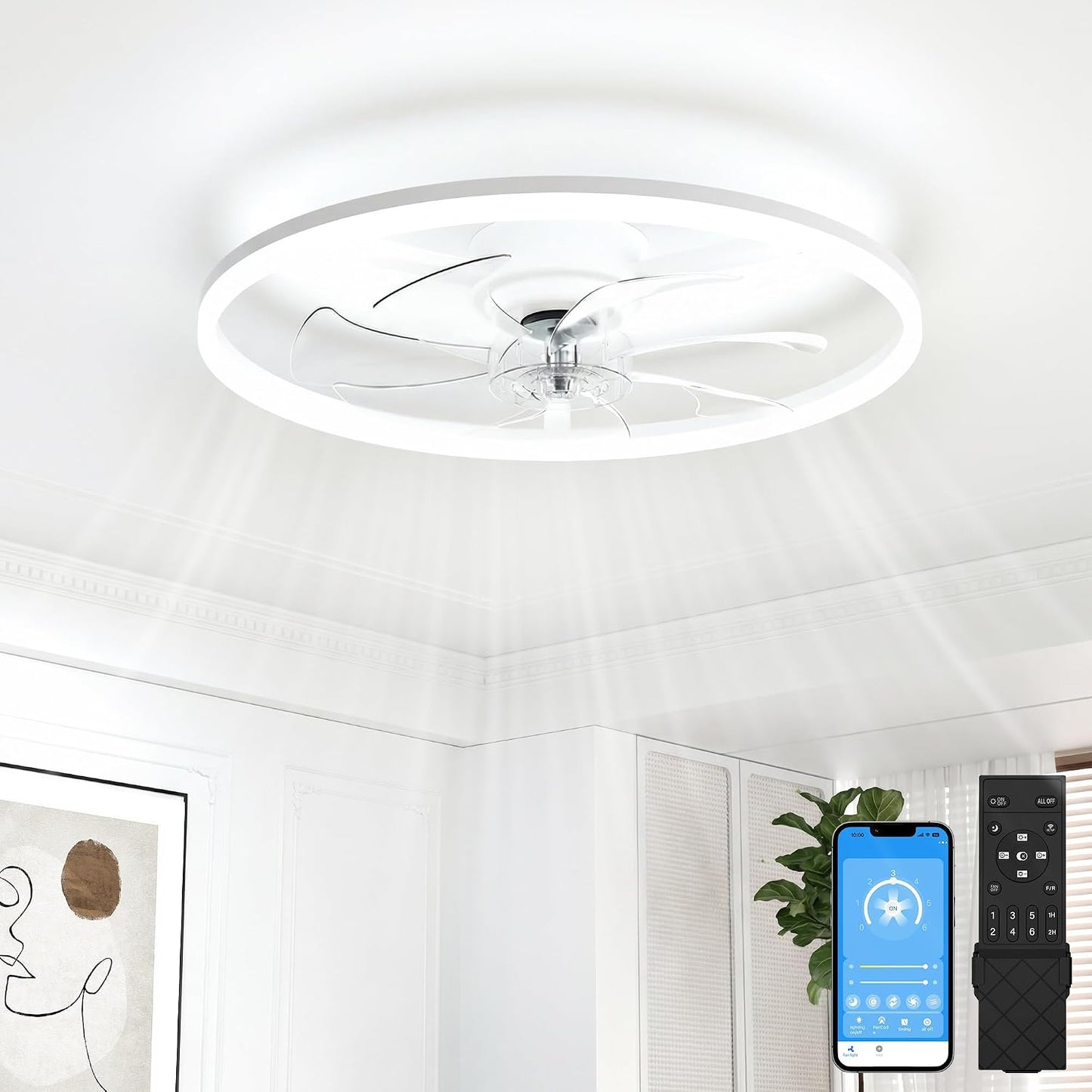 Ventilador techo bajo 24pulg con luz LED regulable control remoto