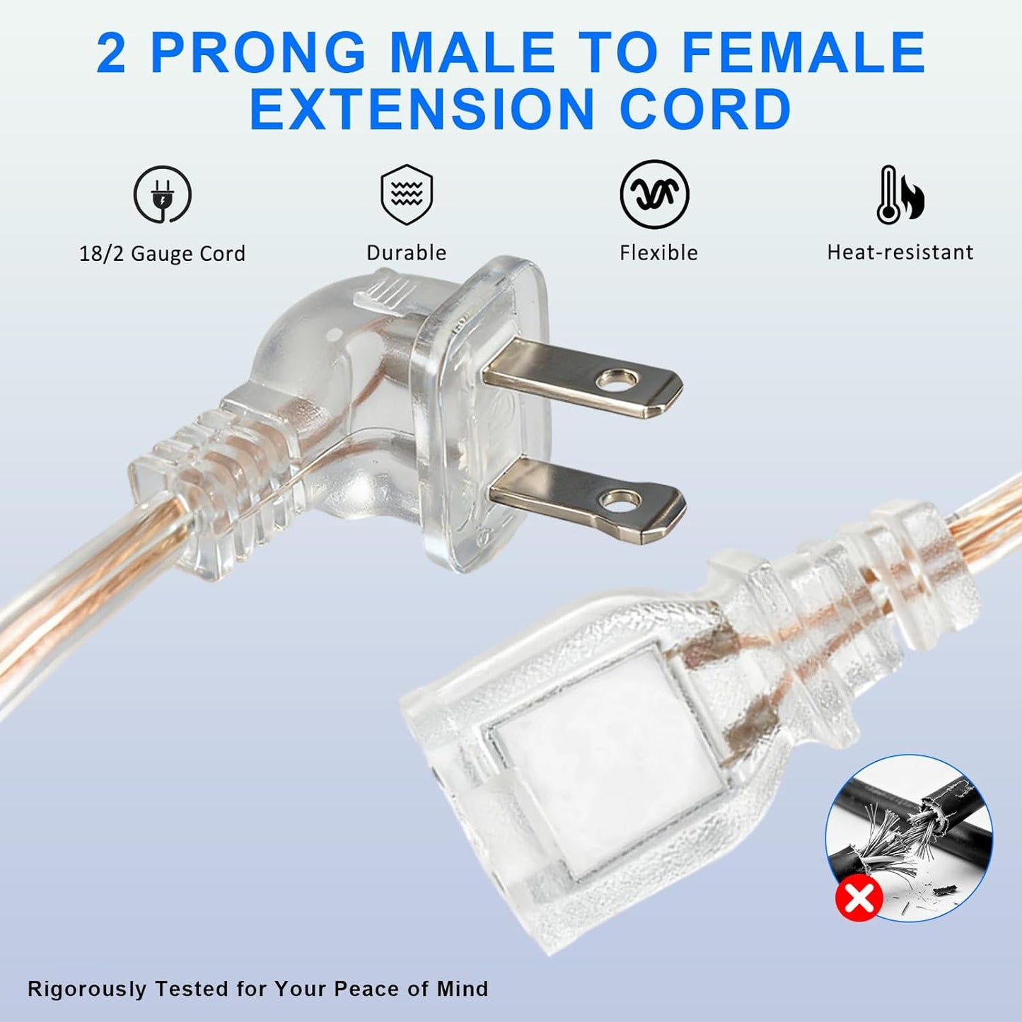 Cable extensión transparente 10ft 2 clavijas enchufe plano