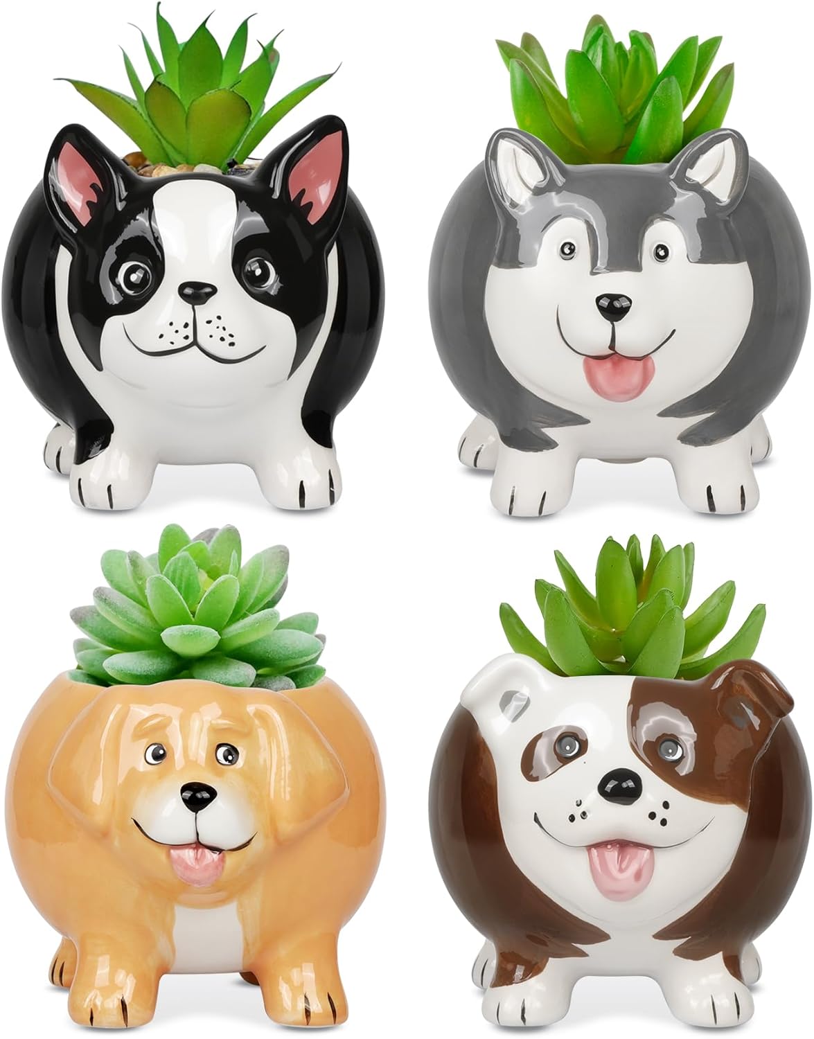 4 Macetas Cerámica Forma Perrito Drenaje Hogar Oficina
