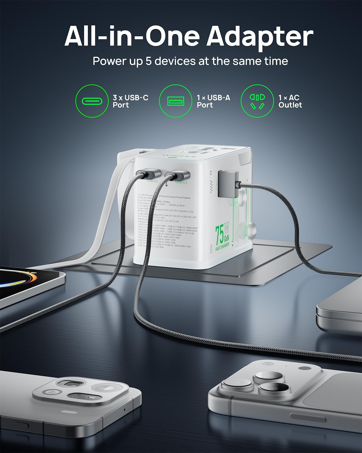 Adaptador viaje universal 75W 5 puertos con cable retráctil 27pulg