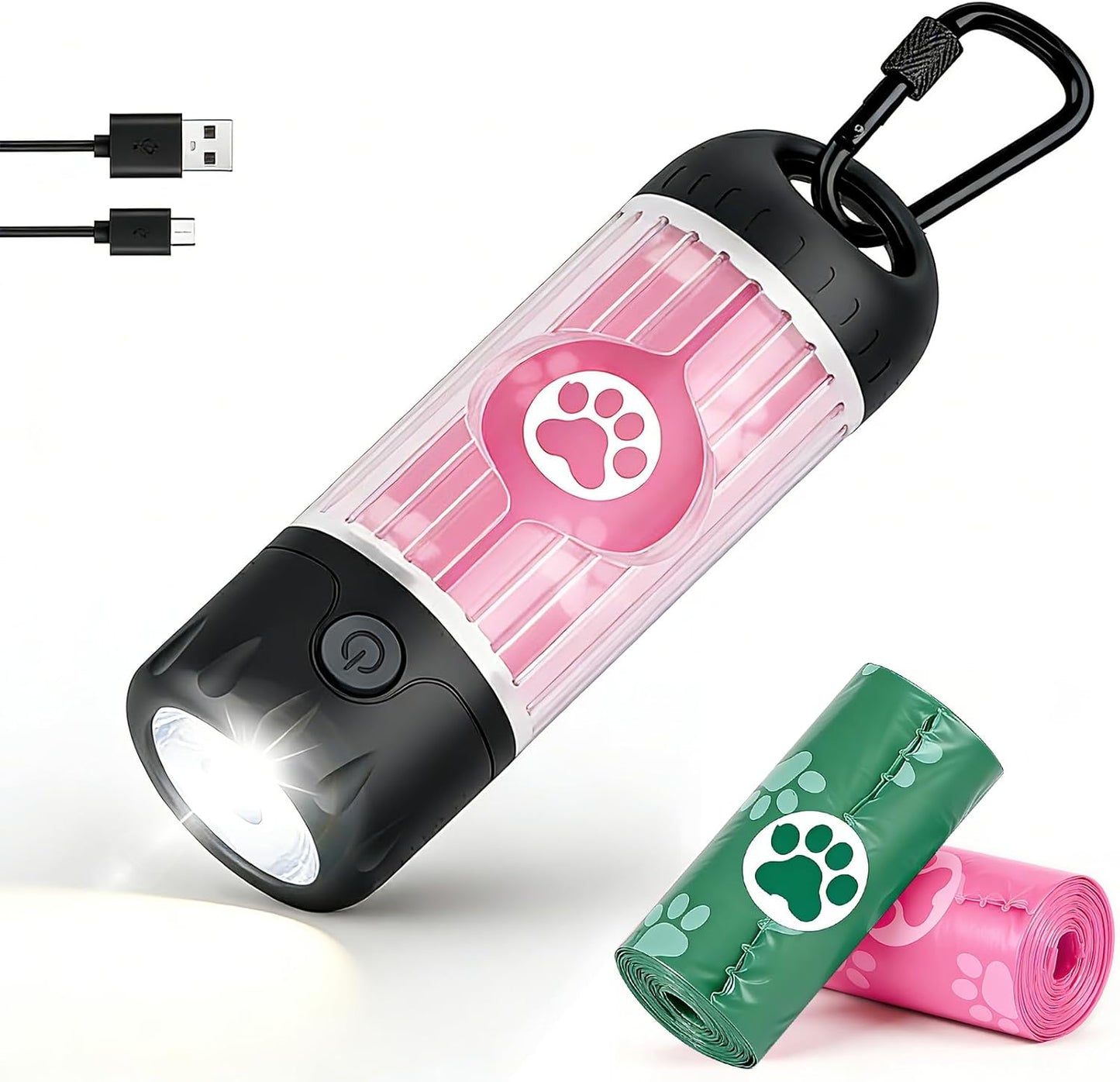 Soporte bolsas excremento perro con linterna 7 colores USB-C IPX6