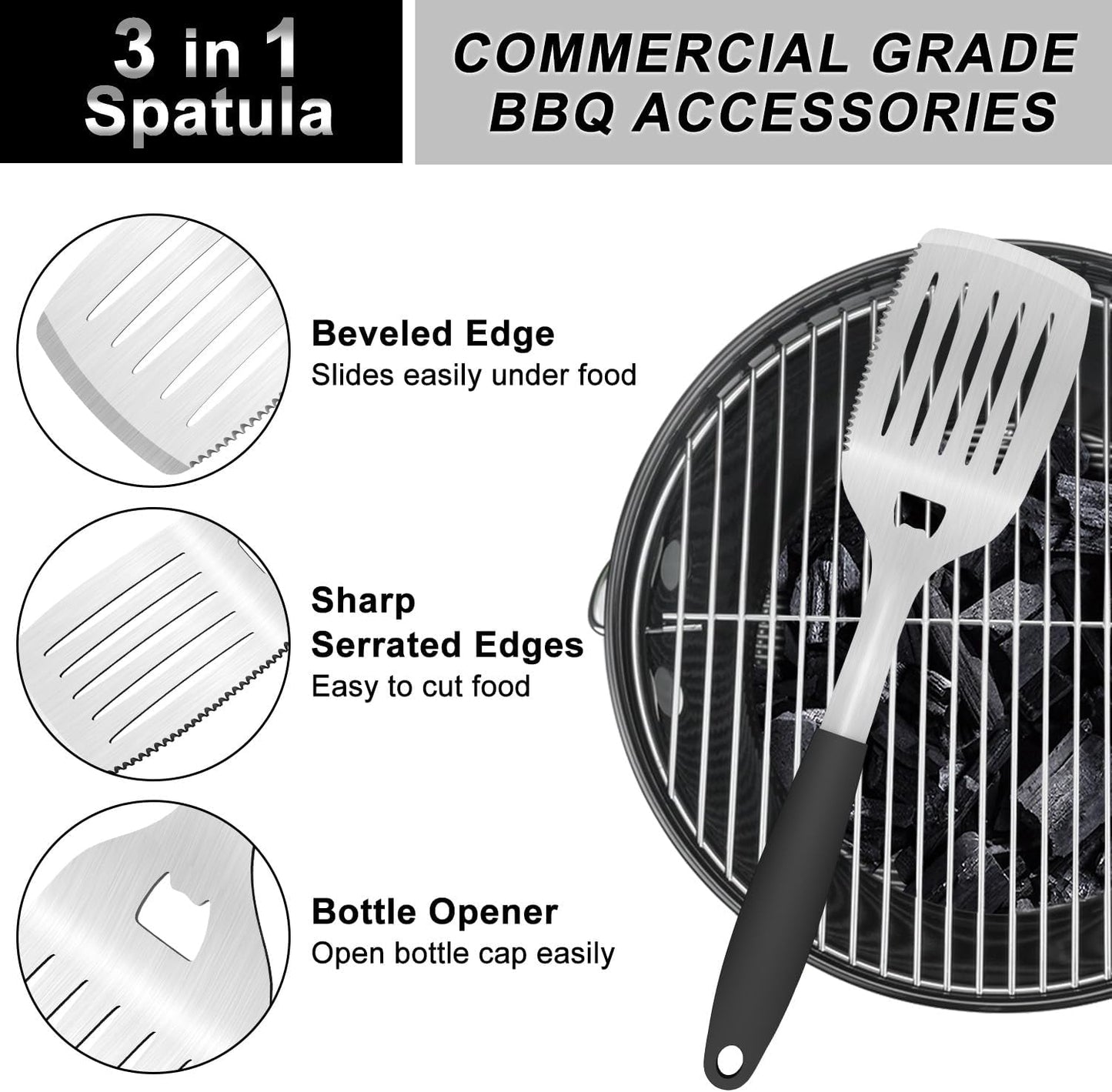 Espátula parrilla acero inox 15.8pulg 3en1 mango silicona
