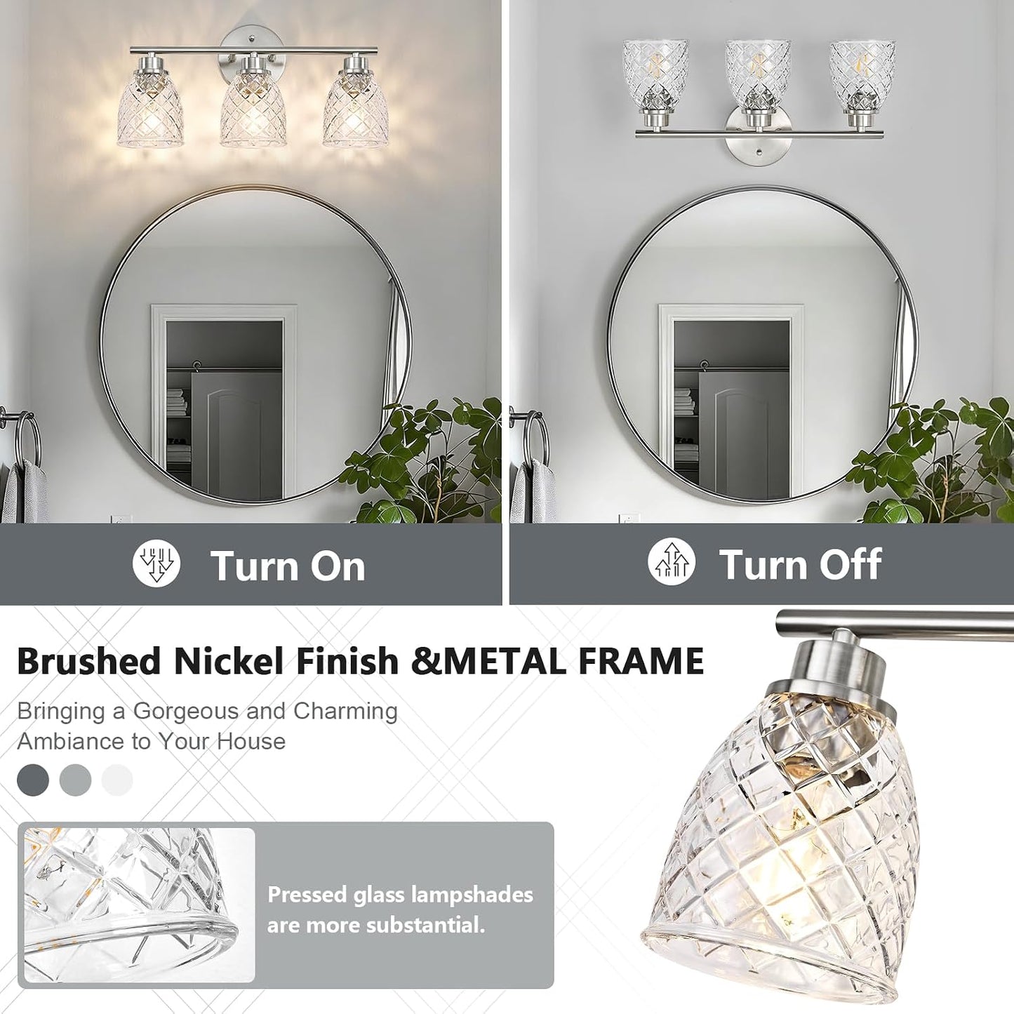Lámpara baño 3 luces níquel cepillado vidrio martillado