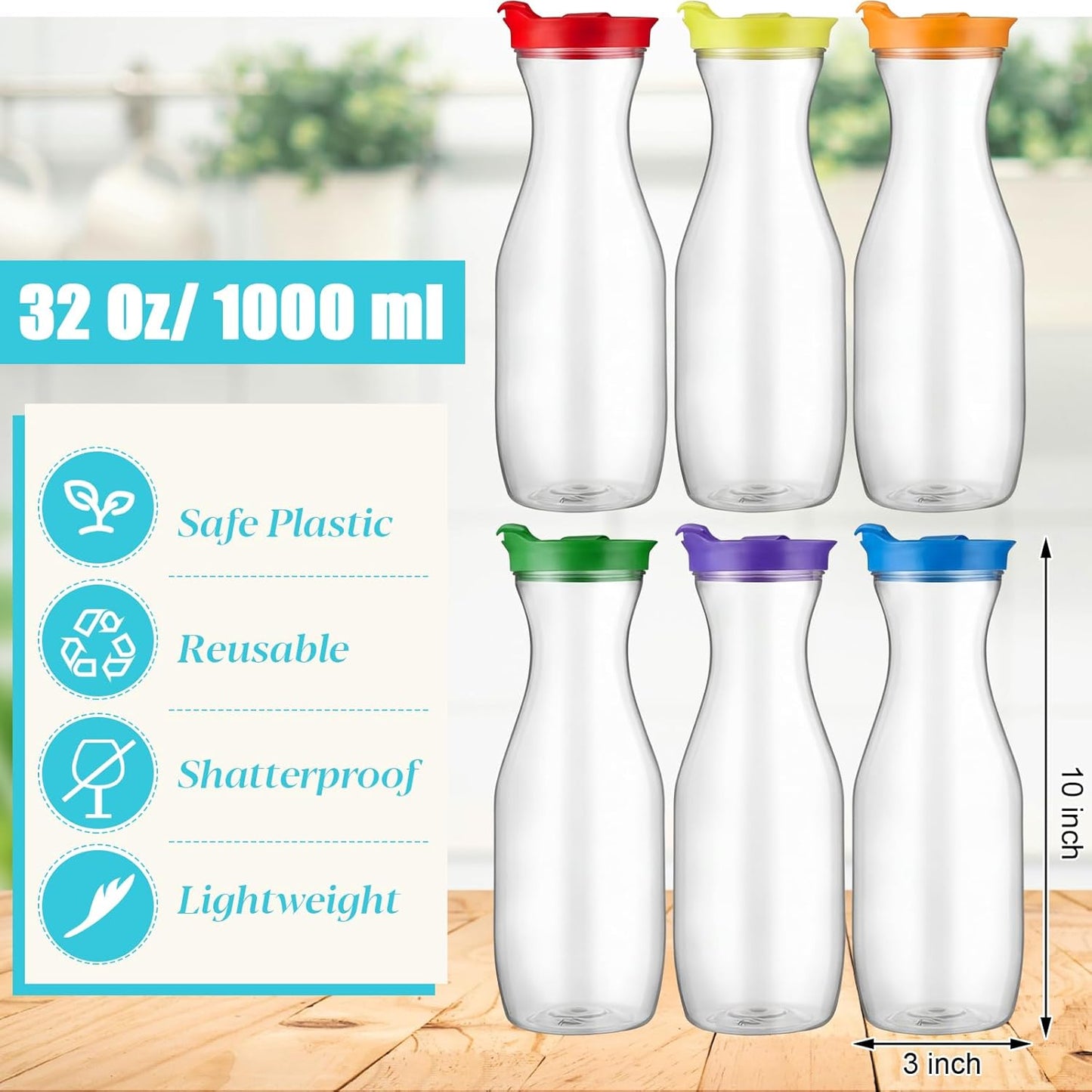 Jarra plástico transparente 32oz con tapas arcoíris set 24