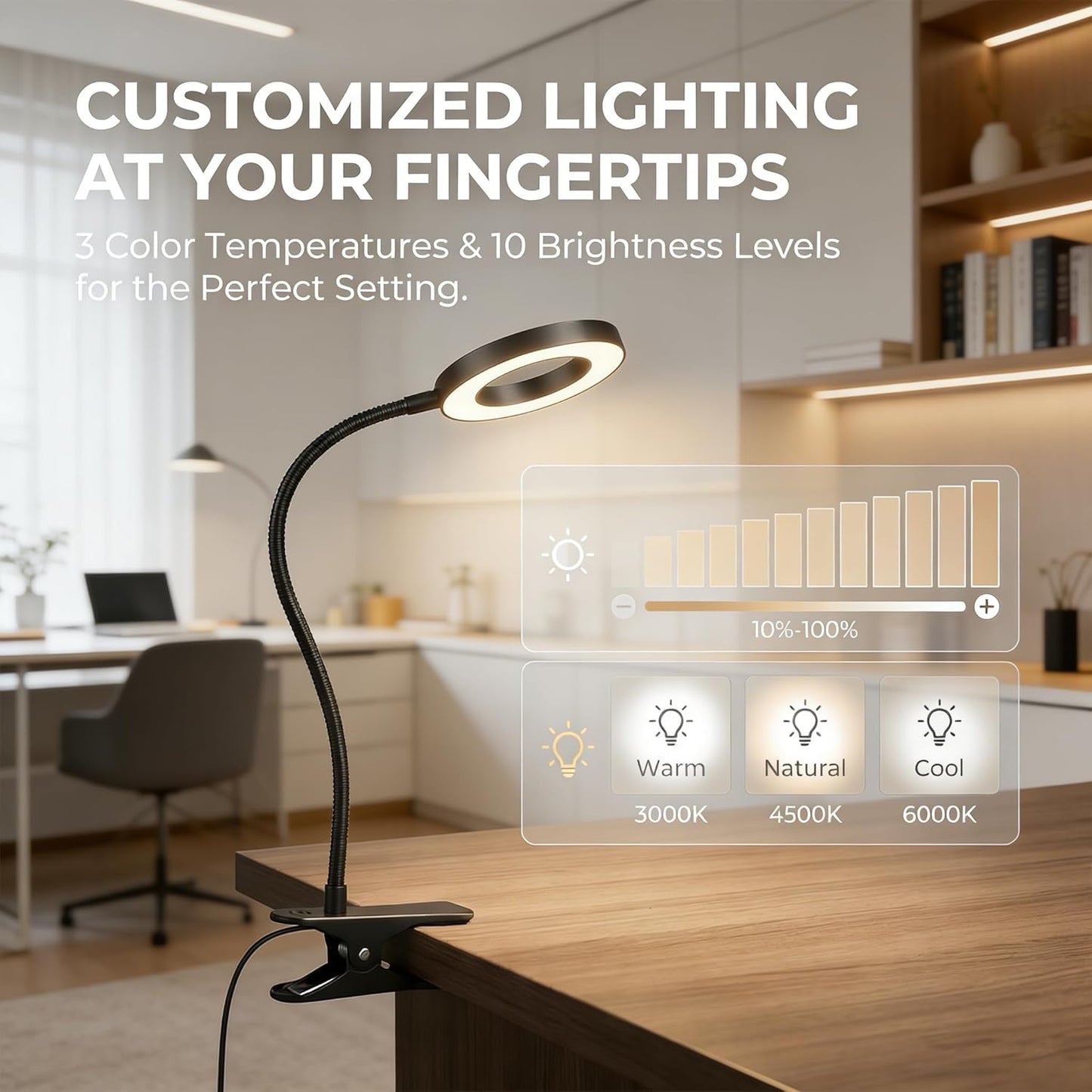 Lámpara escritorio LED con clip 3 modos color 10 niveles brillo