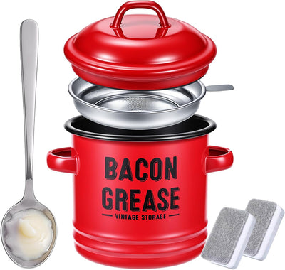 Recipiente grasa tocino 46oz con colador tapa lata roja