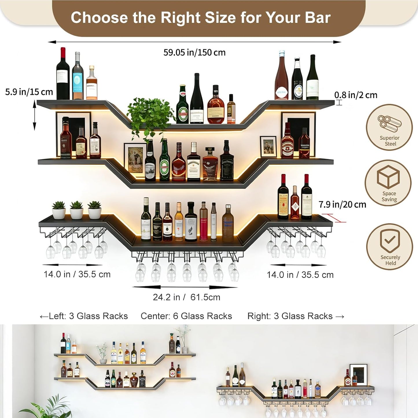 Estante metal para vino 59pulg 3 niveles con luces LED