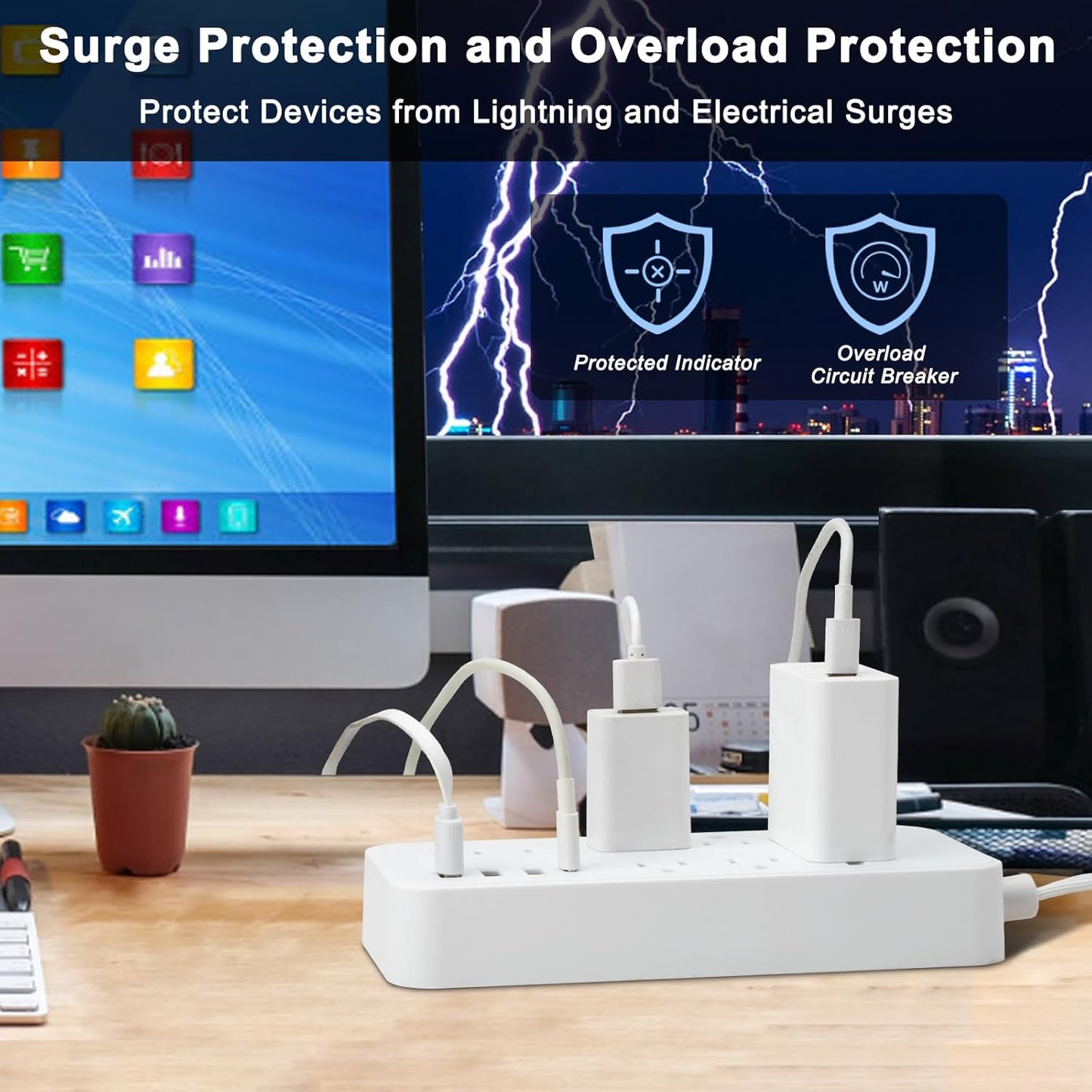 Cable extensión plano con protección 8 tomacorrientes 4 USB