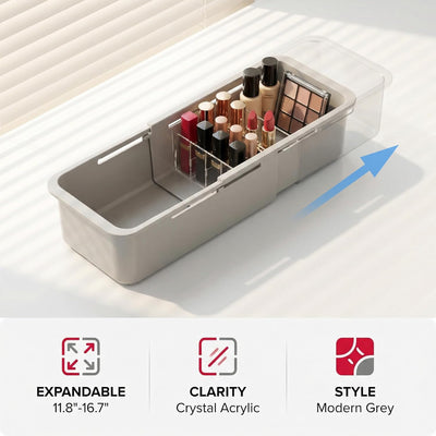 Organizador de cajones gris transparente con 5 divisores para cocina, dormitorio y oficina