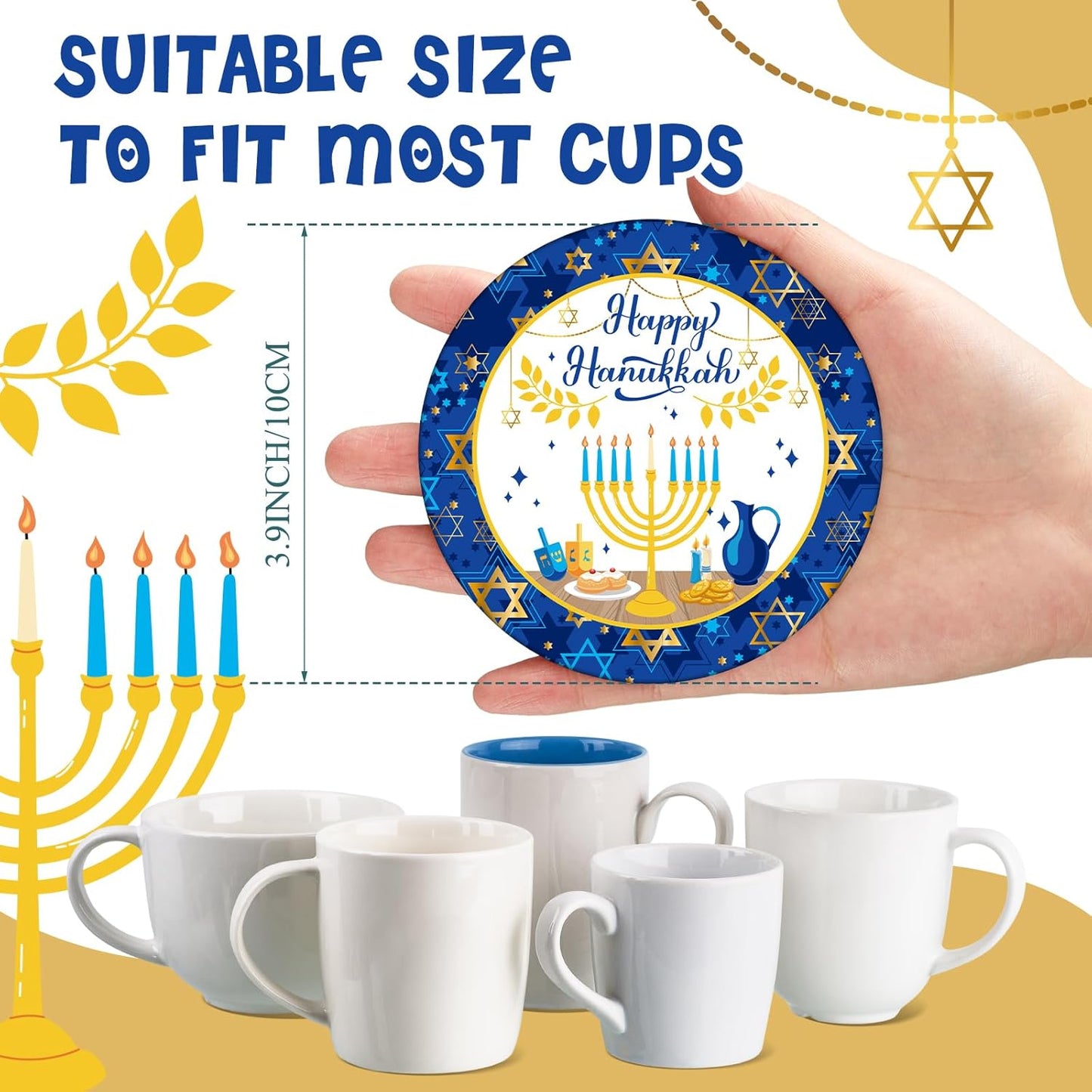 24 Pzas Posavasos Hanukkah Absorbentes Decoración Hogar 4pulg