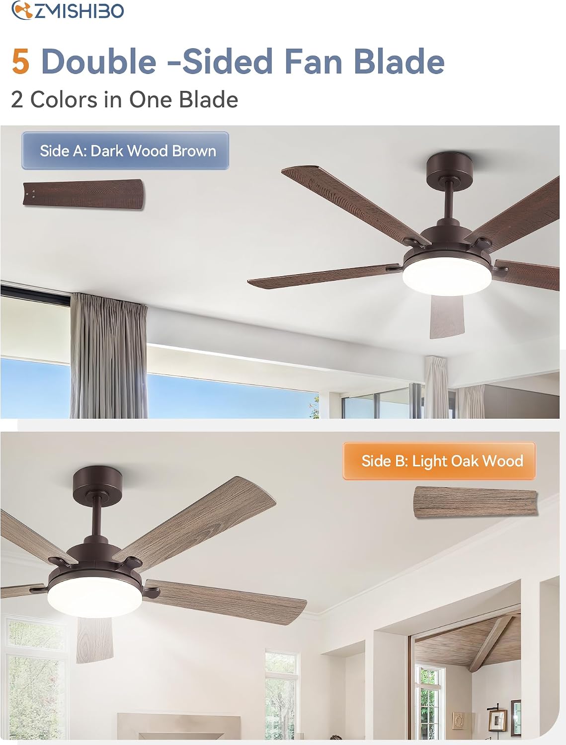 Ventilador techo 52pulg control remoto LED 6 velocidades motor CC