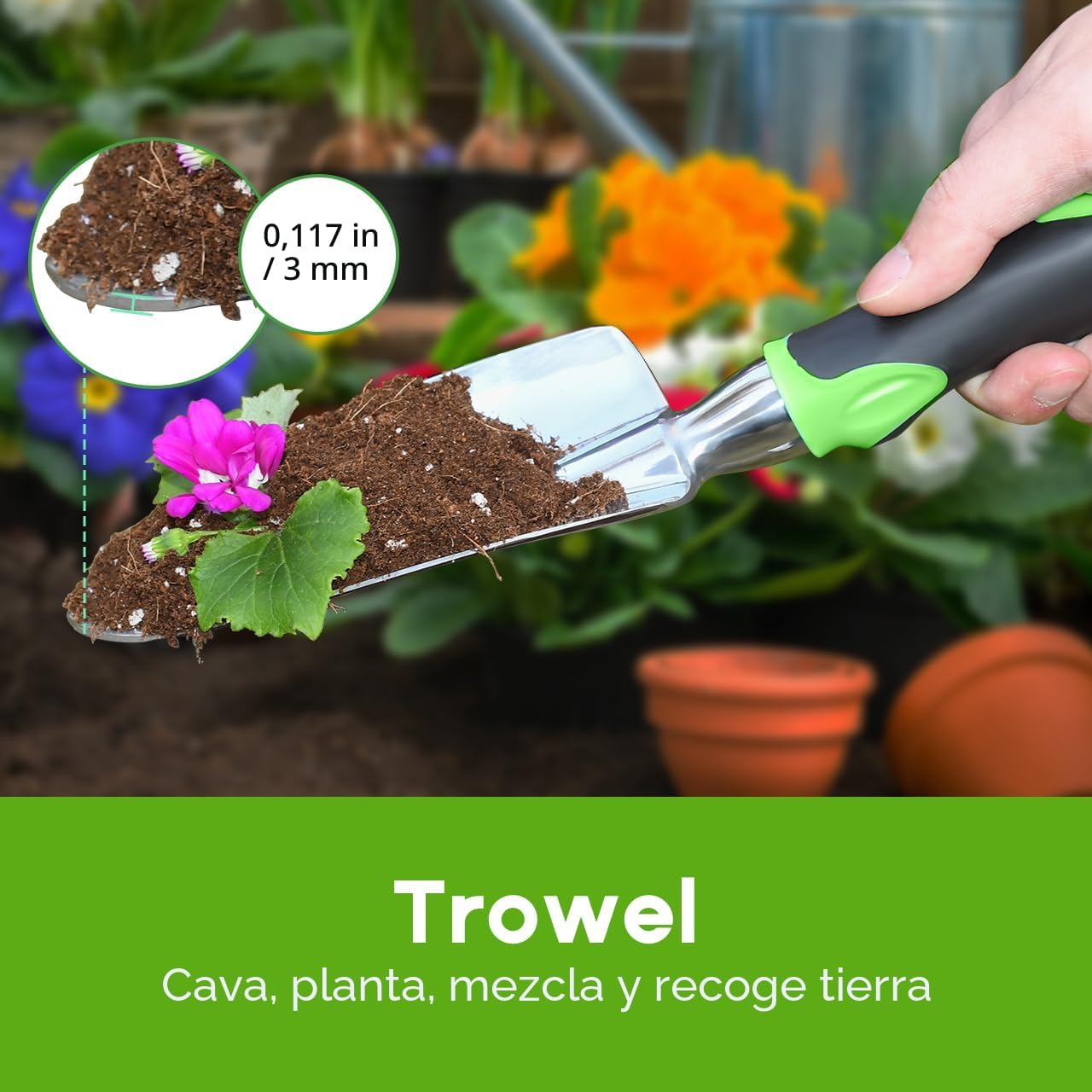 Set 3 Pzas Herramientas Jardín Aluminio Resistente Paleta Rastrillo