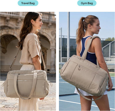 Bolsa fin de semana mujer con bolsillo ropa húmeda y vaso