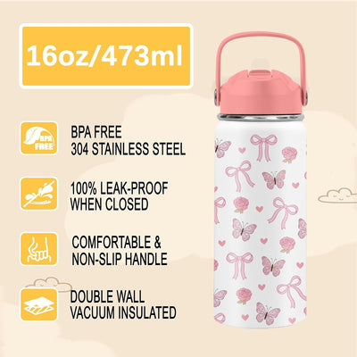 Botella de agua aislada para niños con pajilla y lazo rosa
