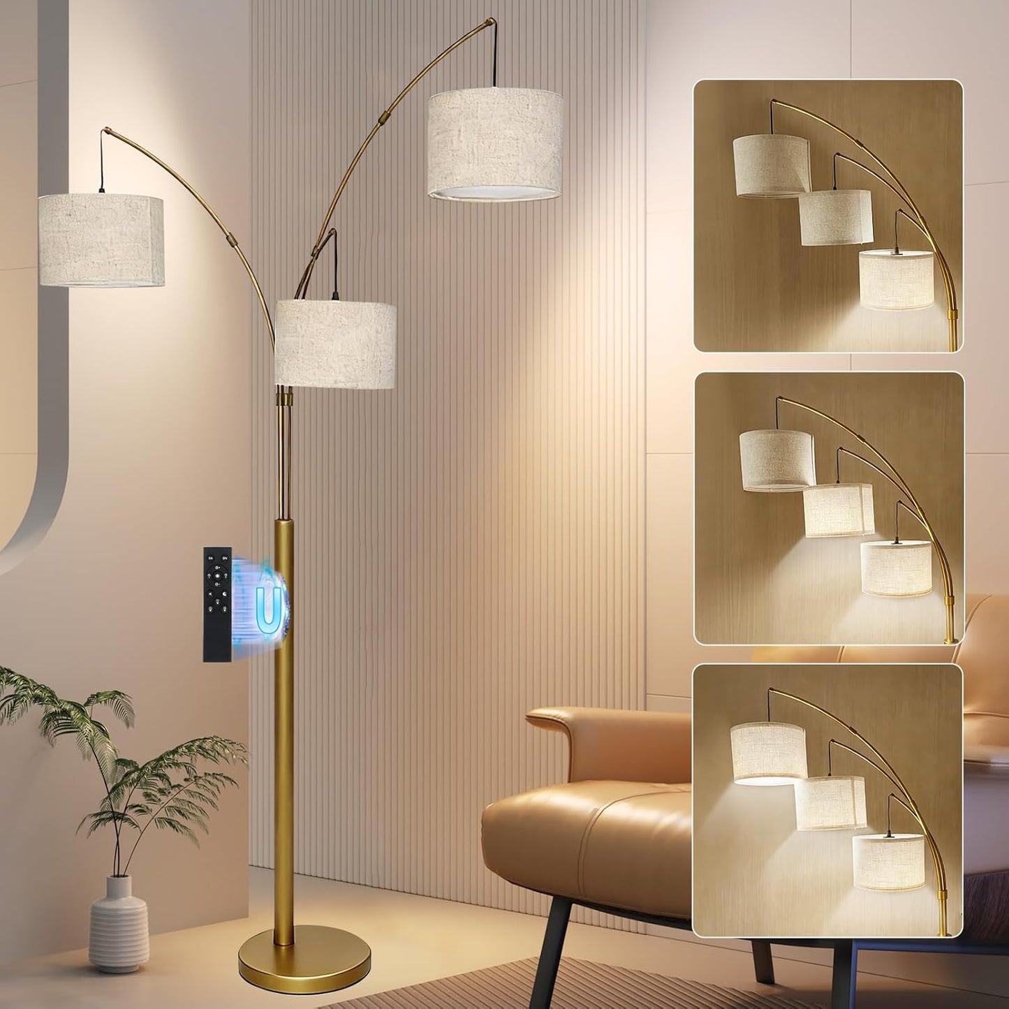 Lámpara pie arco 3 luces control remoto 2400lm dorado lino