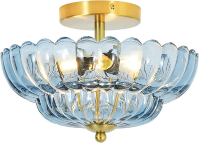 Lámpara techo cocina 11.8pulg 3 luces cristal flores moderna azul