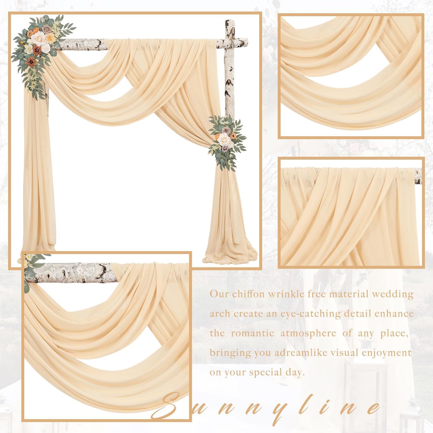 2 Cortinas arco boda 20ft x28pulg gasa transparente champán