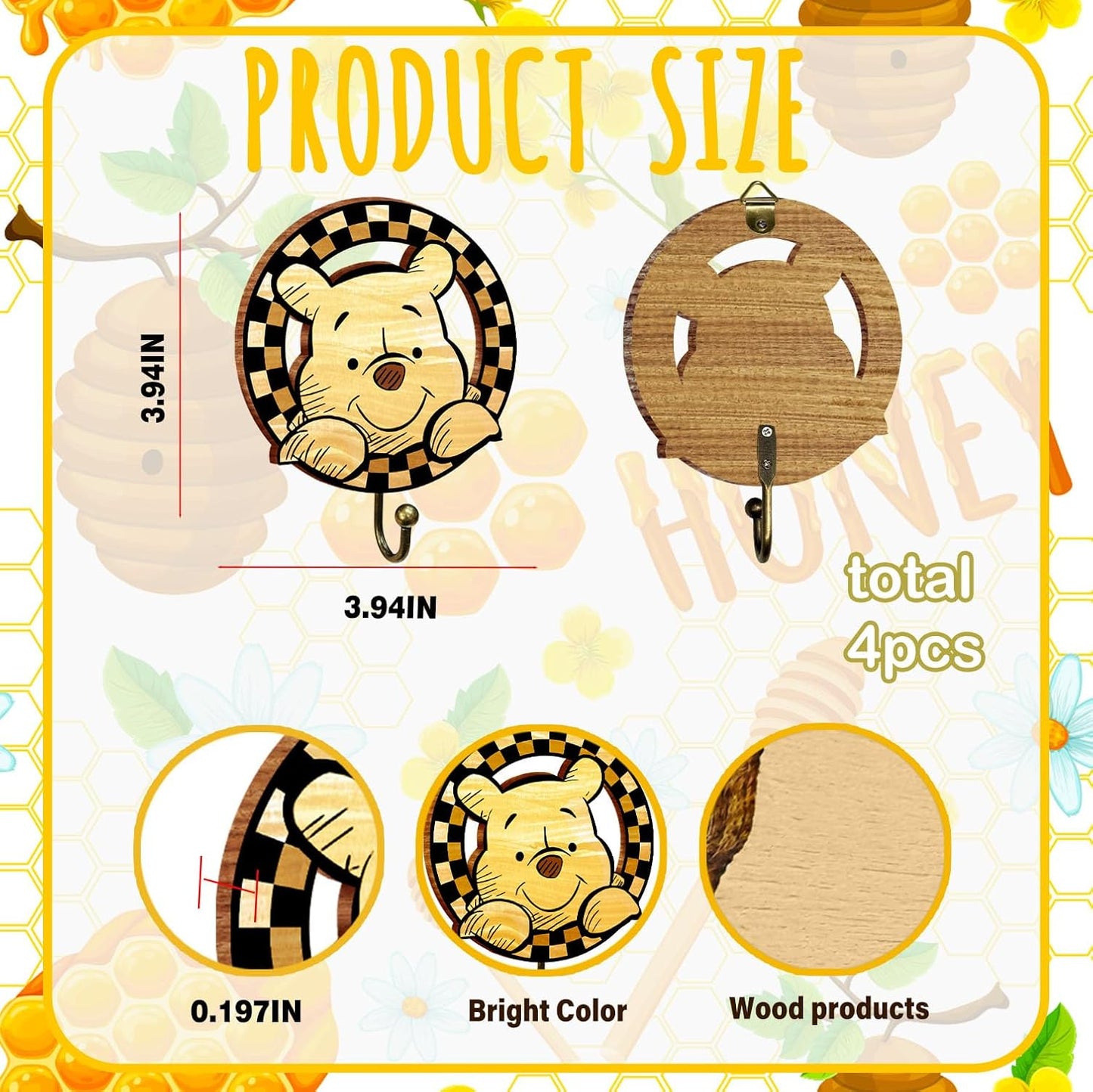 4 Ganchos Winnie para cuarto de bebé madera decorativo