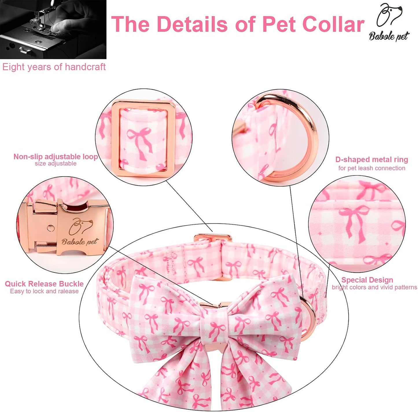Collar perro con lazo rosa ajustable para perros S M L