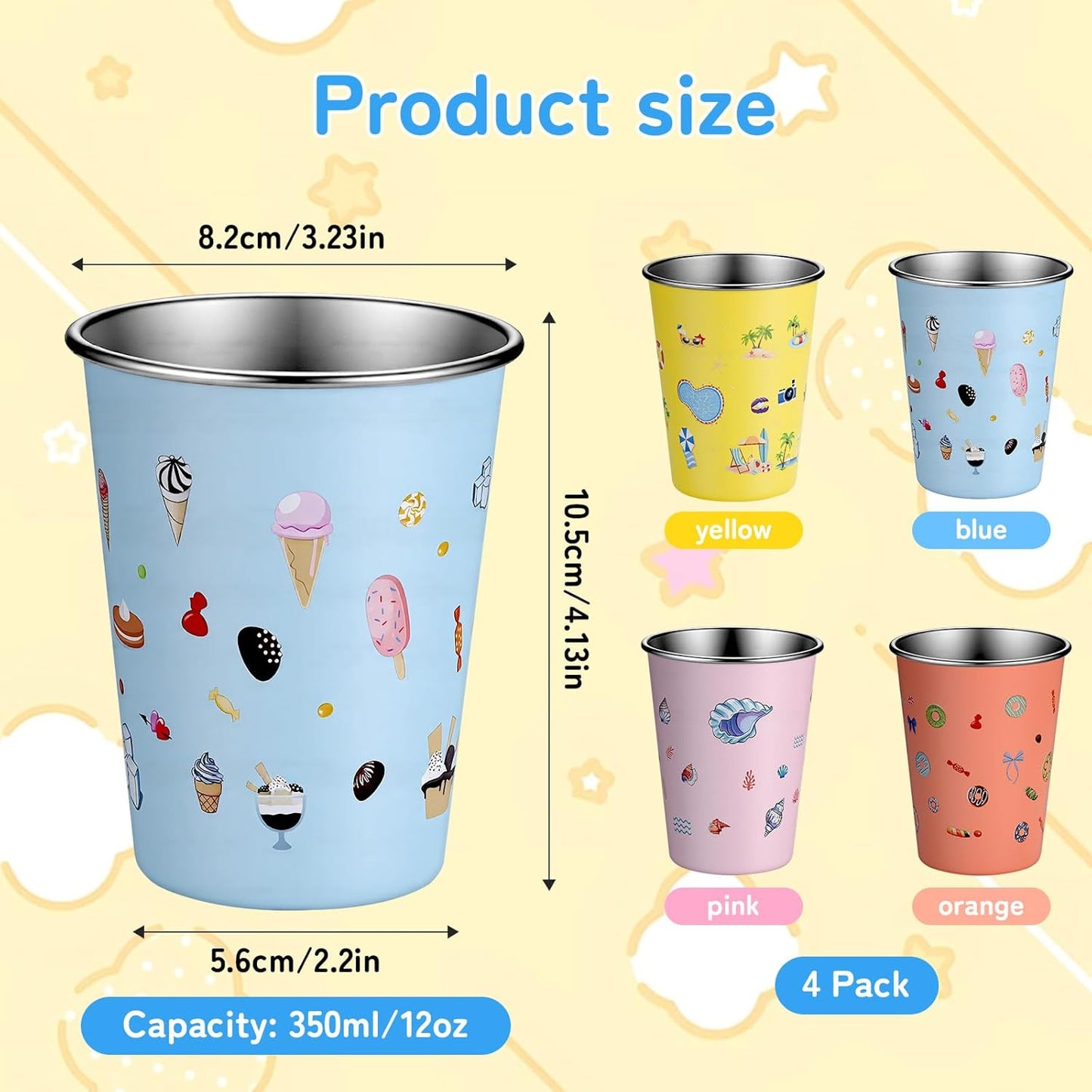 Vasos de acero inoxidable para niños 12 oz con estampados divertidos