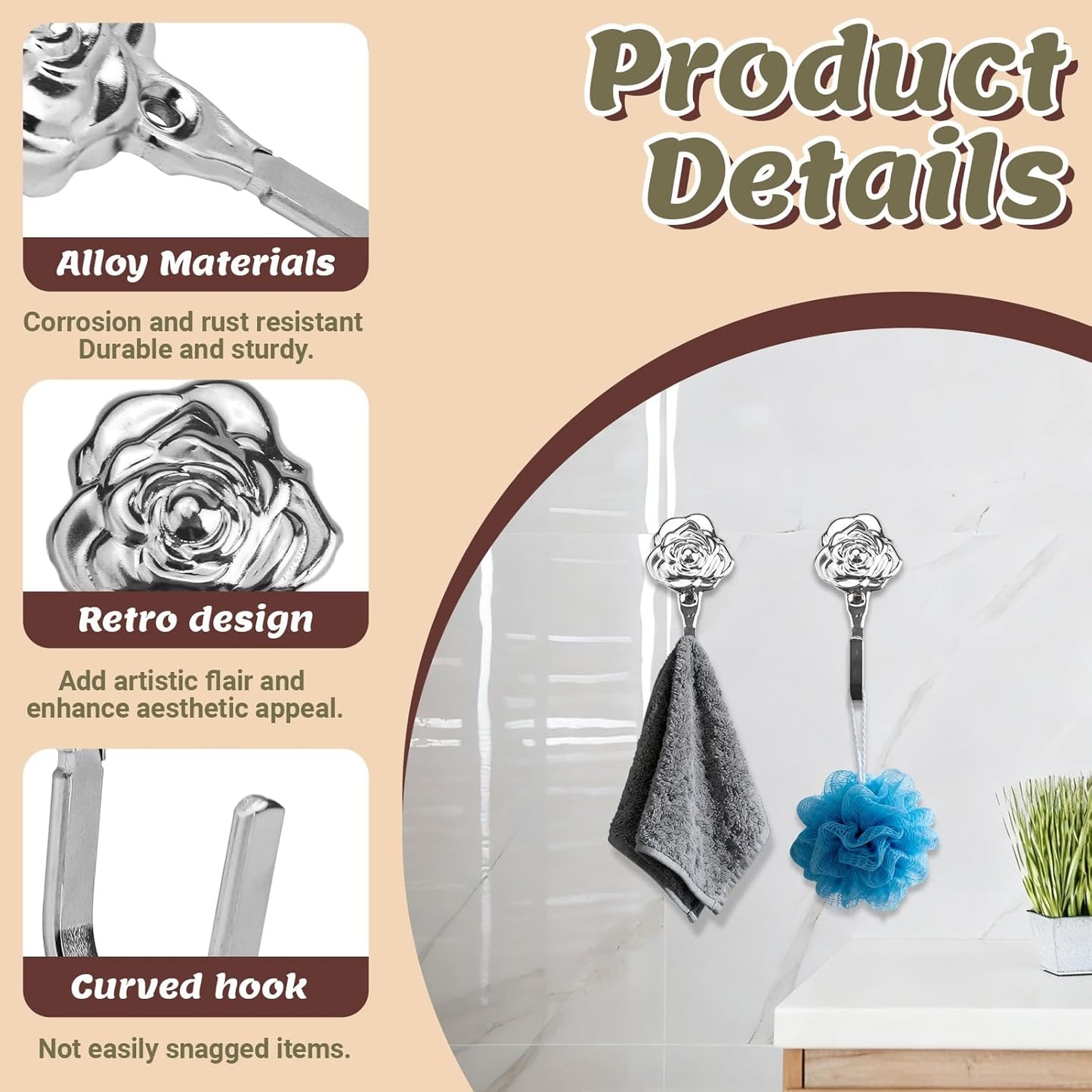 Set 6 Ganchos Metal Perchero Pared Plateado