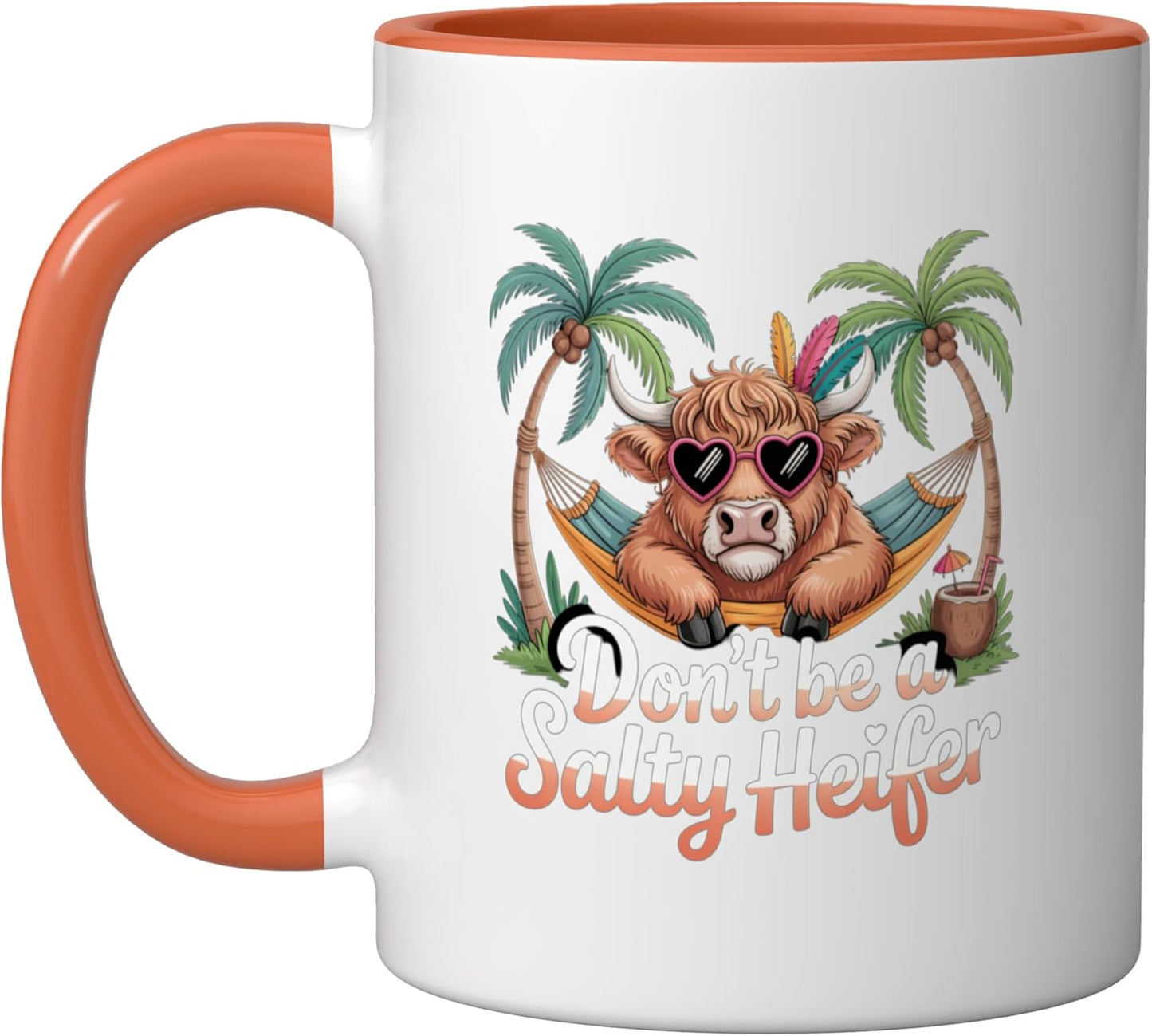Taza cerámica de vaca alta humorística sin sal en la cara color naranja/blanco