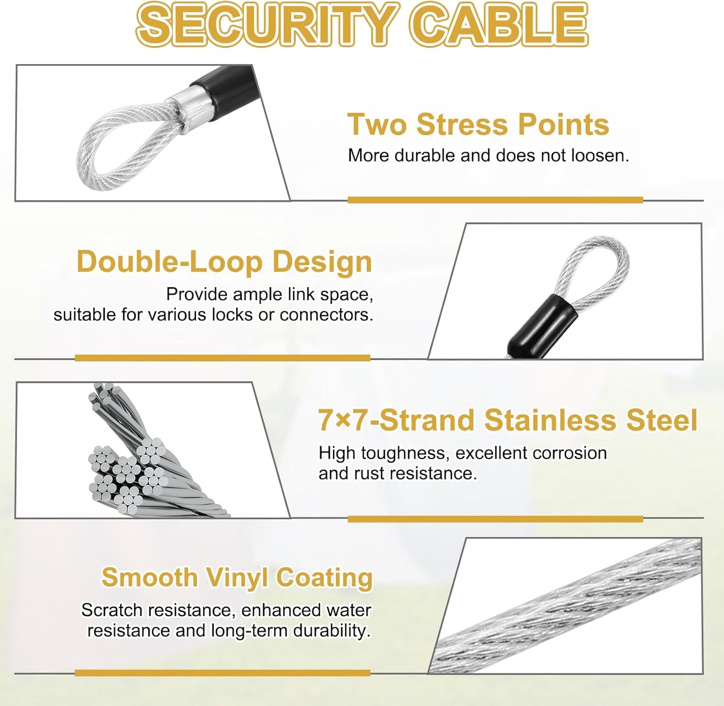 Cable seguridad acero inox doble bucle 4.9ft con conectores