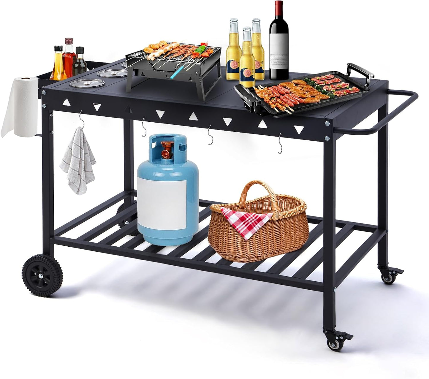 Mesa parrilla portátil con ruedas soporte resistente y estantes