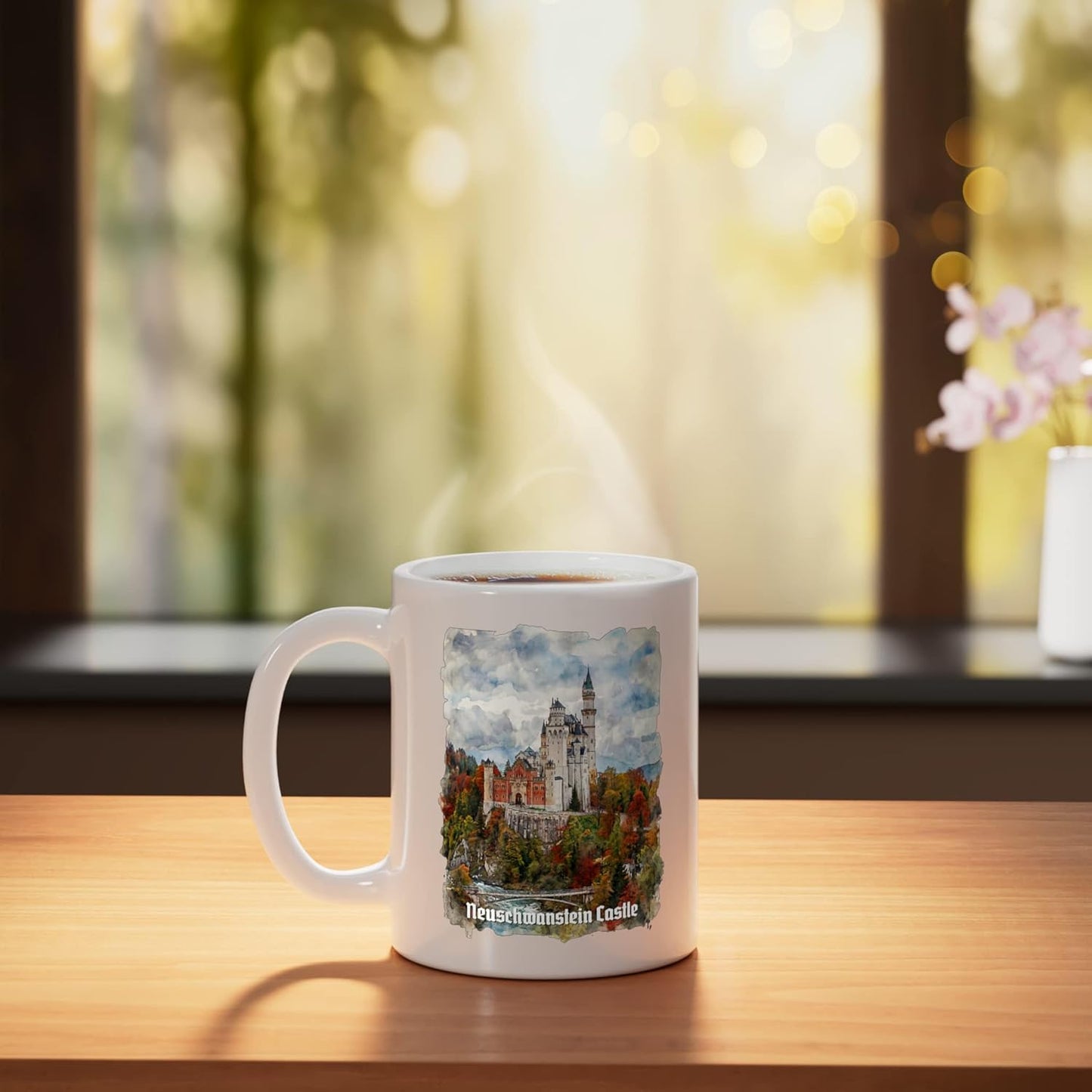 Taza cerámica con pintura acuarela Neuschwanstein Alemania blanca