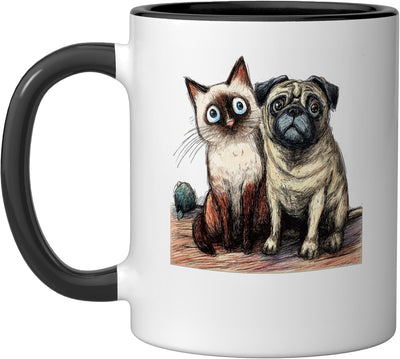 Taza cerámica dibujo gato siamés y perro pug negro/blanco