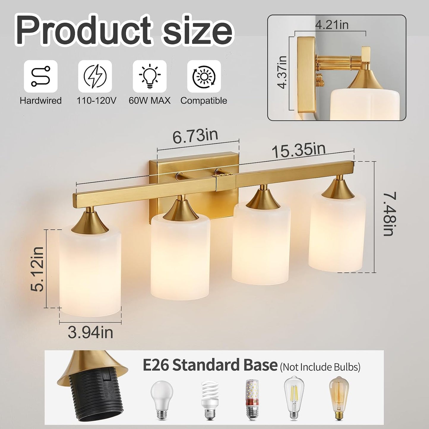 Lámpara baño 4 luces dorada vidrio blanco lechoso E26
