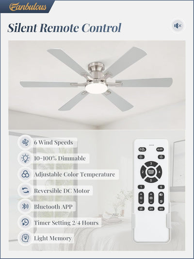 Ventilador techo níquel 52pulg luces LED control remoto