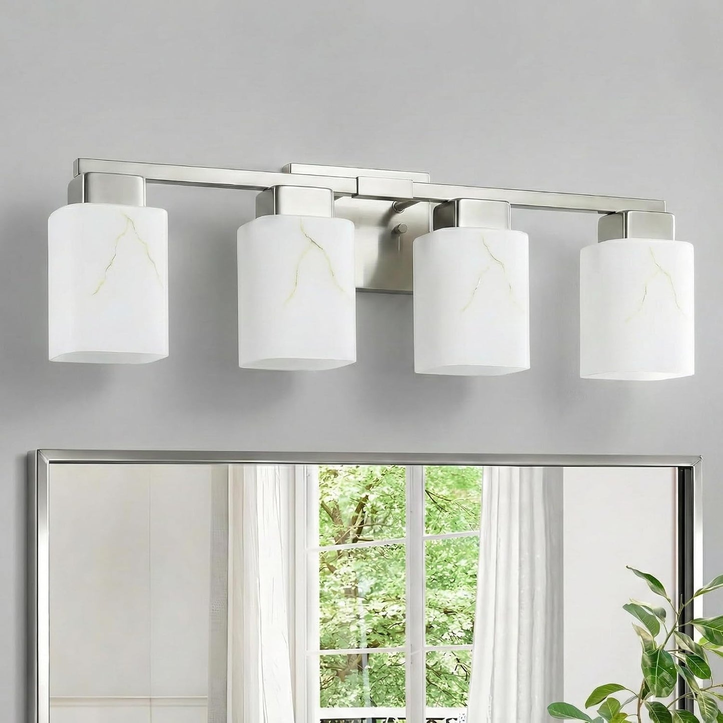 Lámpara baño 4 luces níquel cepillado pantalla mármol blanco E26