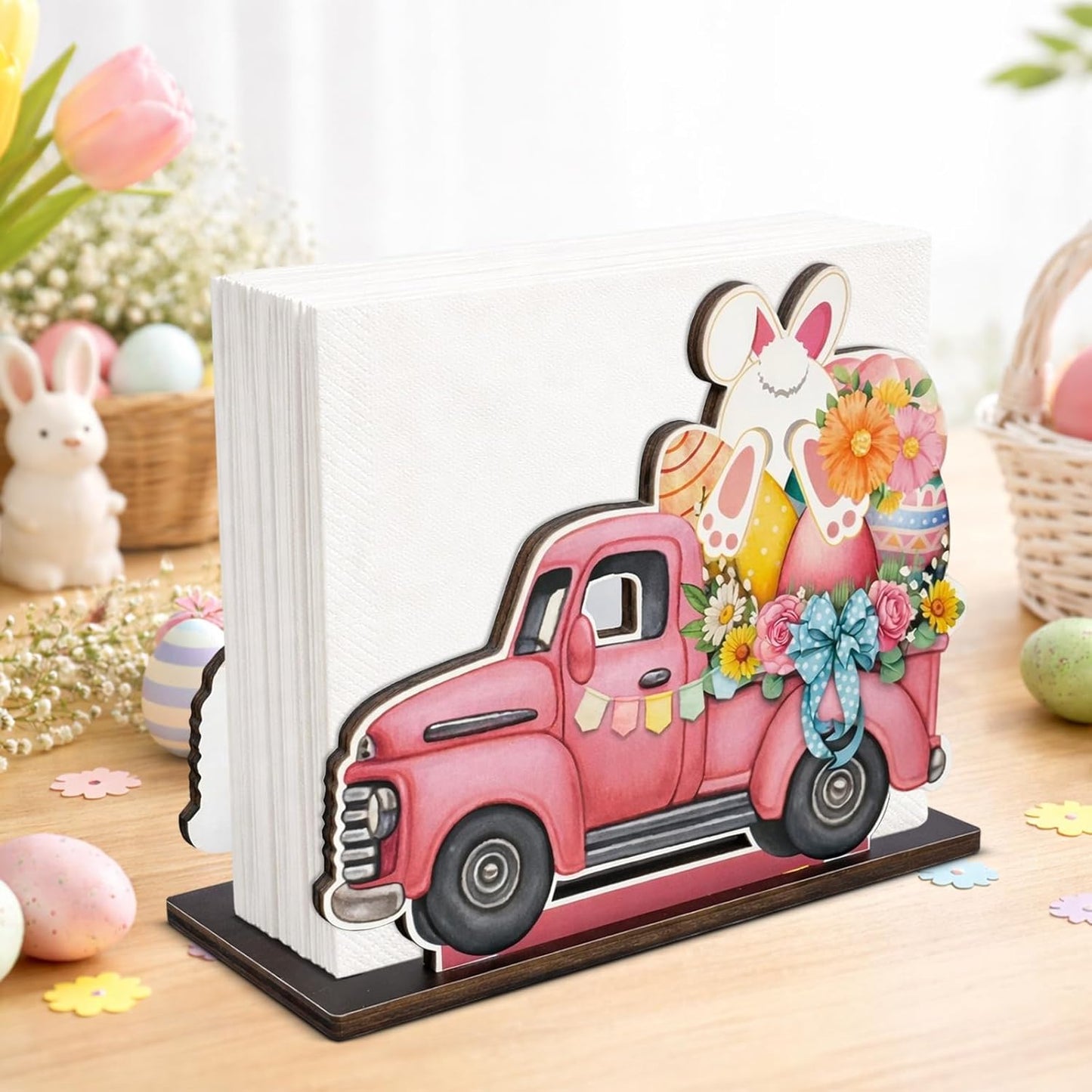Servilletero Pascua rosa conejito madera decorativo cocina
